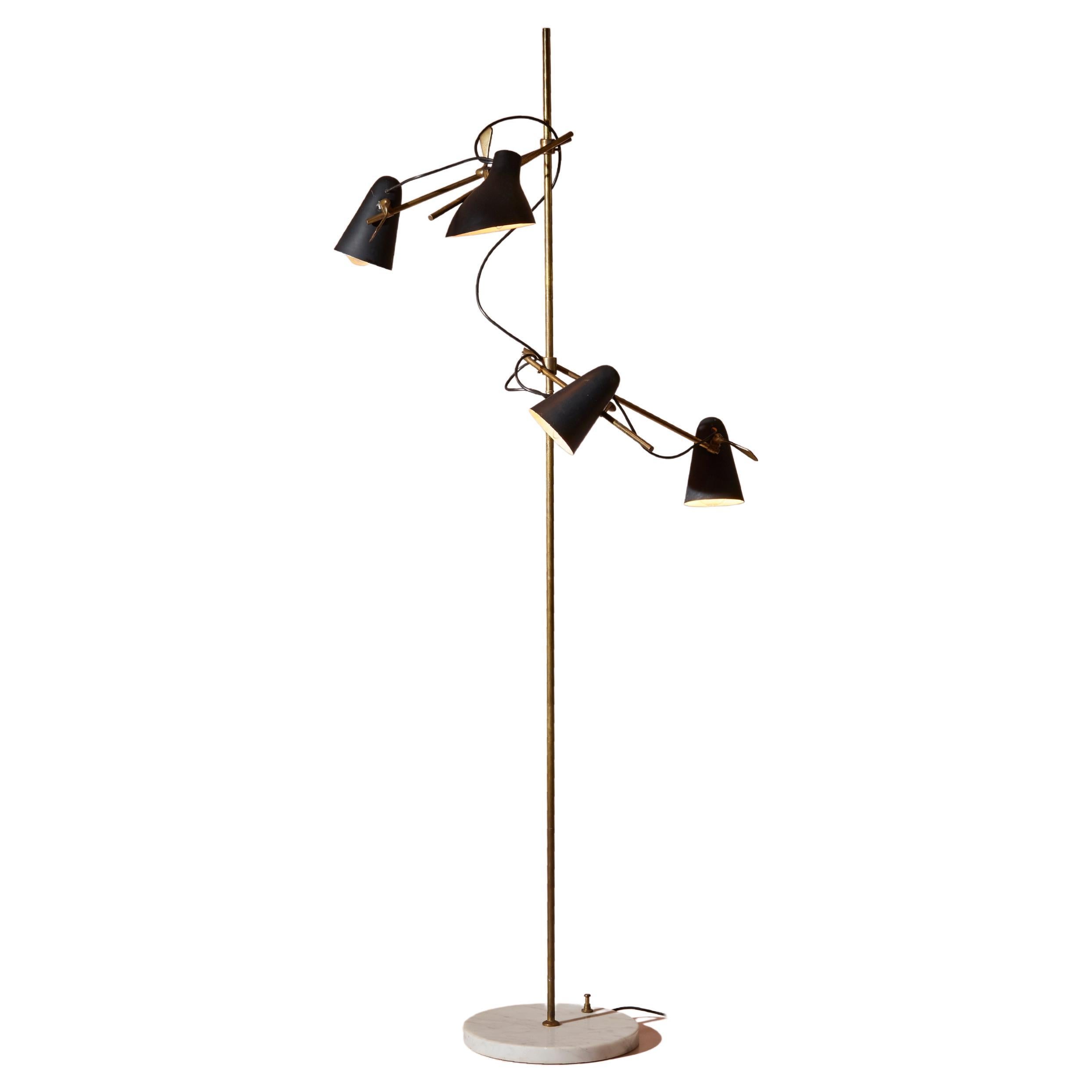 An adjustable Italian midcentury floor lamp with four lights, brass and marble For Sale