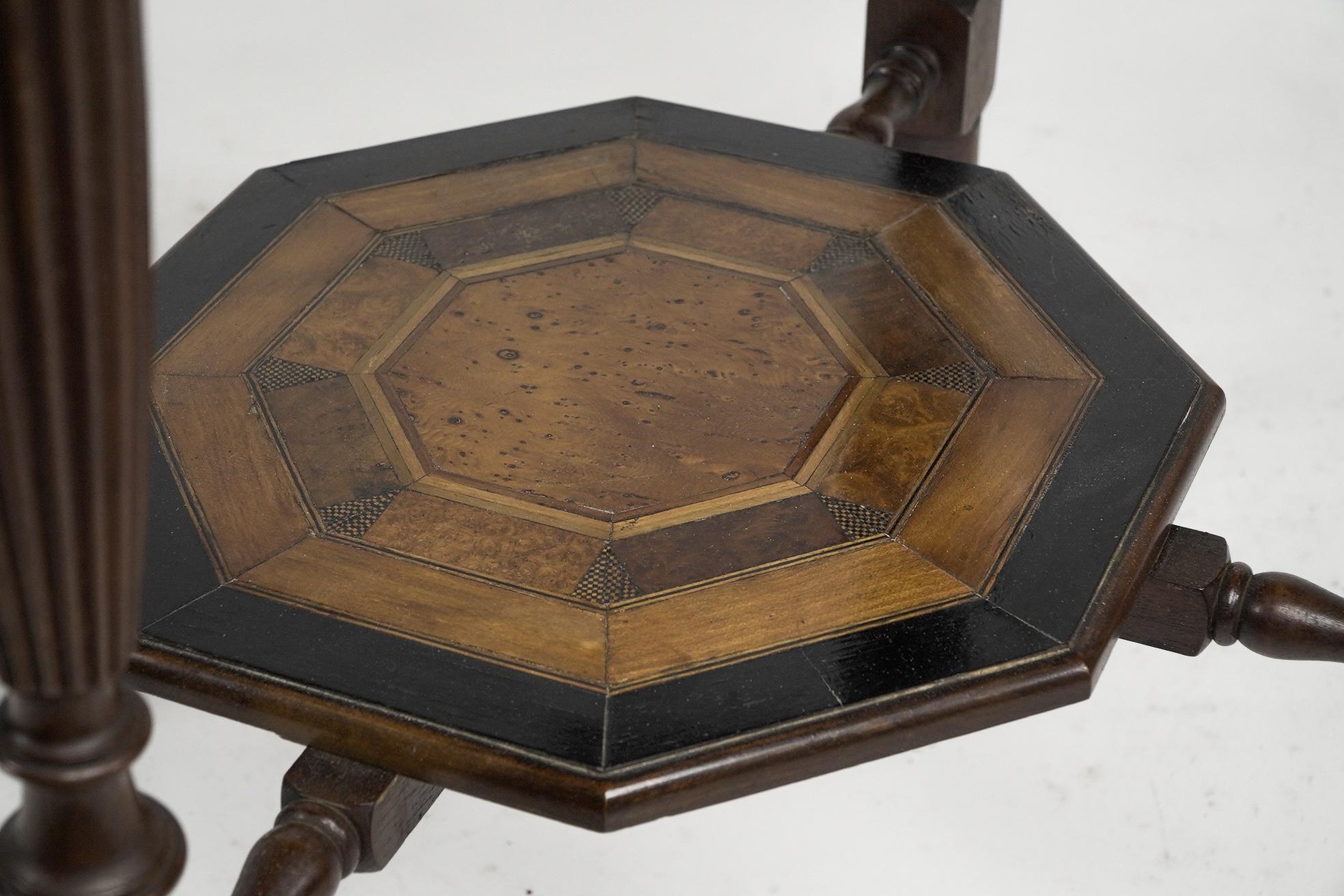 An Aesthetic Movement ebonized side table with a marquetry octagonal top For Sale 8