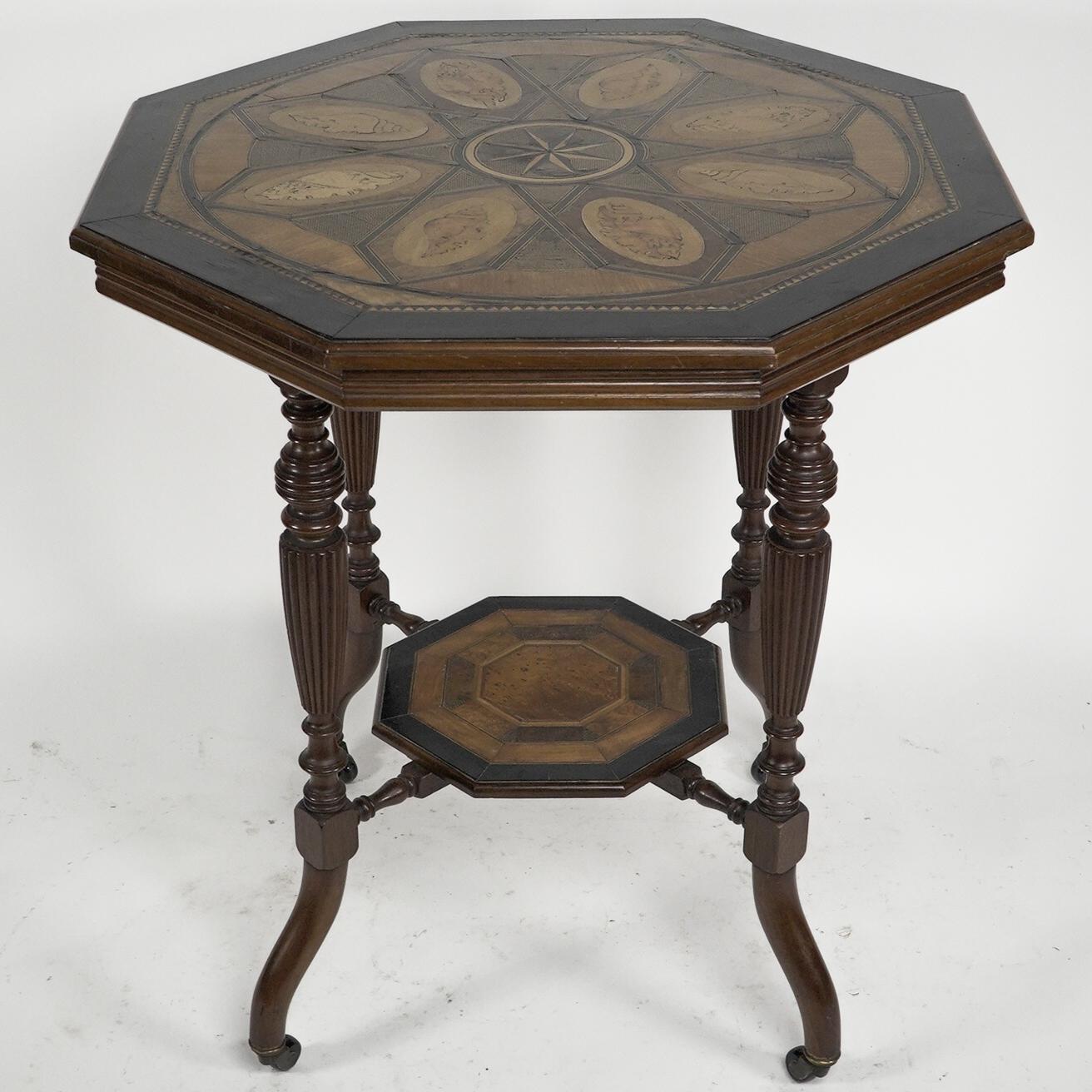 English An Aesthetic Movement ebonized side table with a marquetry octagonal top For Sale