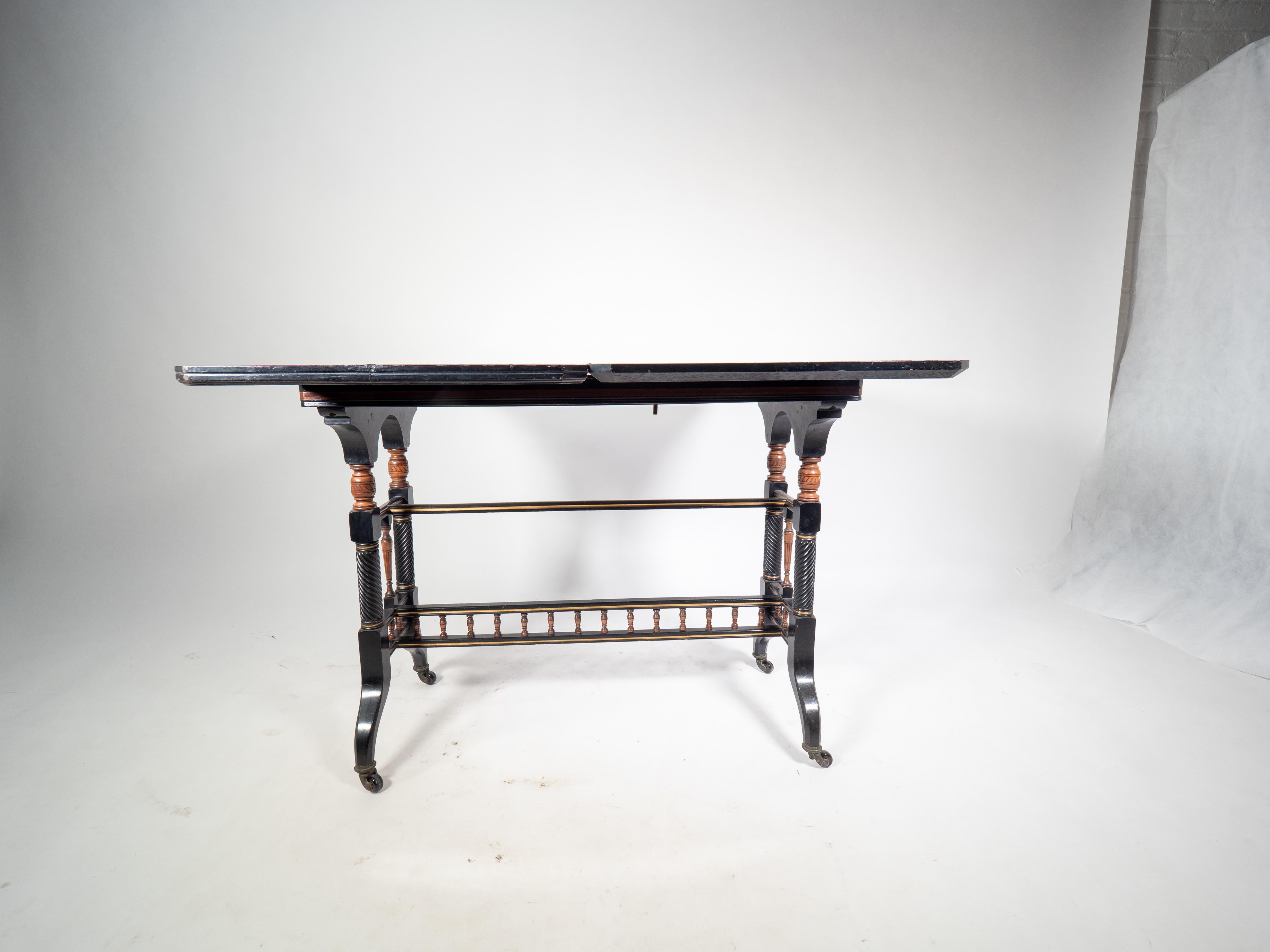 Gillows attr An Aesthetic Movement ebonized & fold over floral inlaid card table For Sale 7