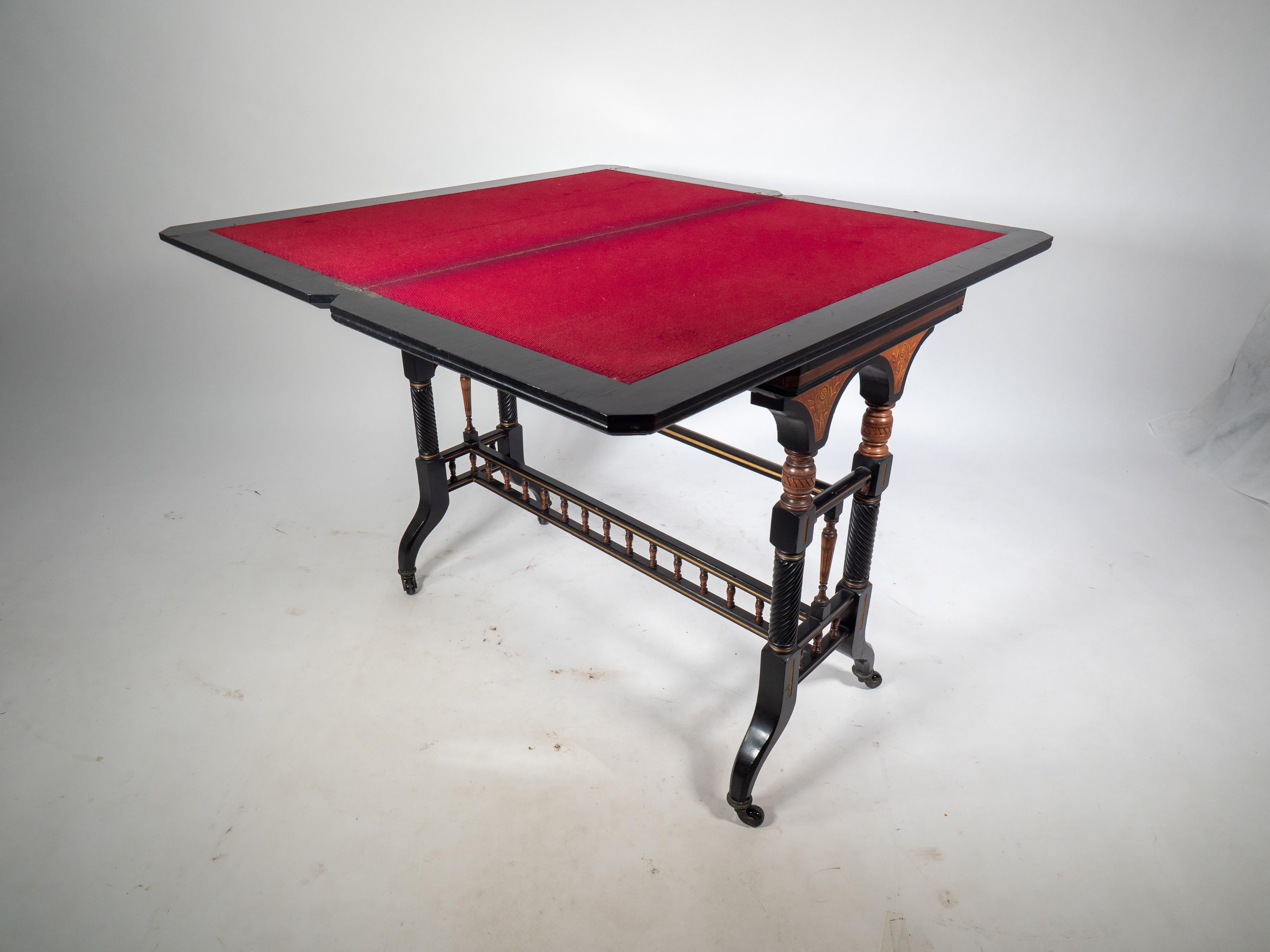 Gillows attr An Aesthetic Movement ebonized & fold over floral inlaid card table For Sale 9