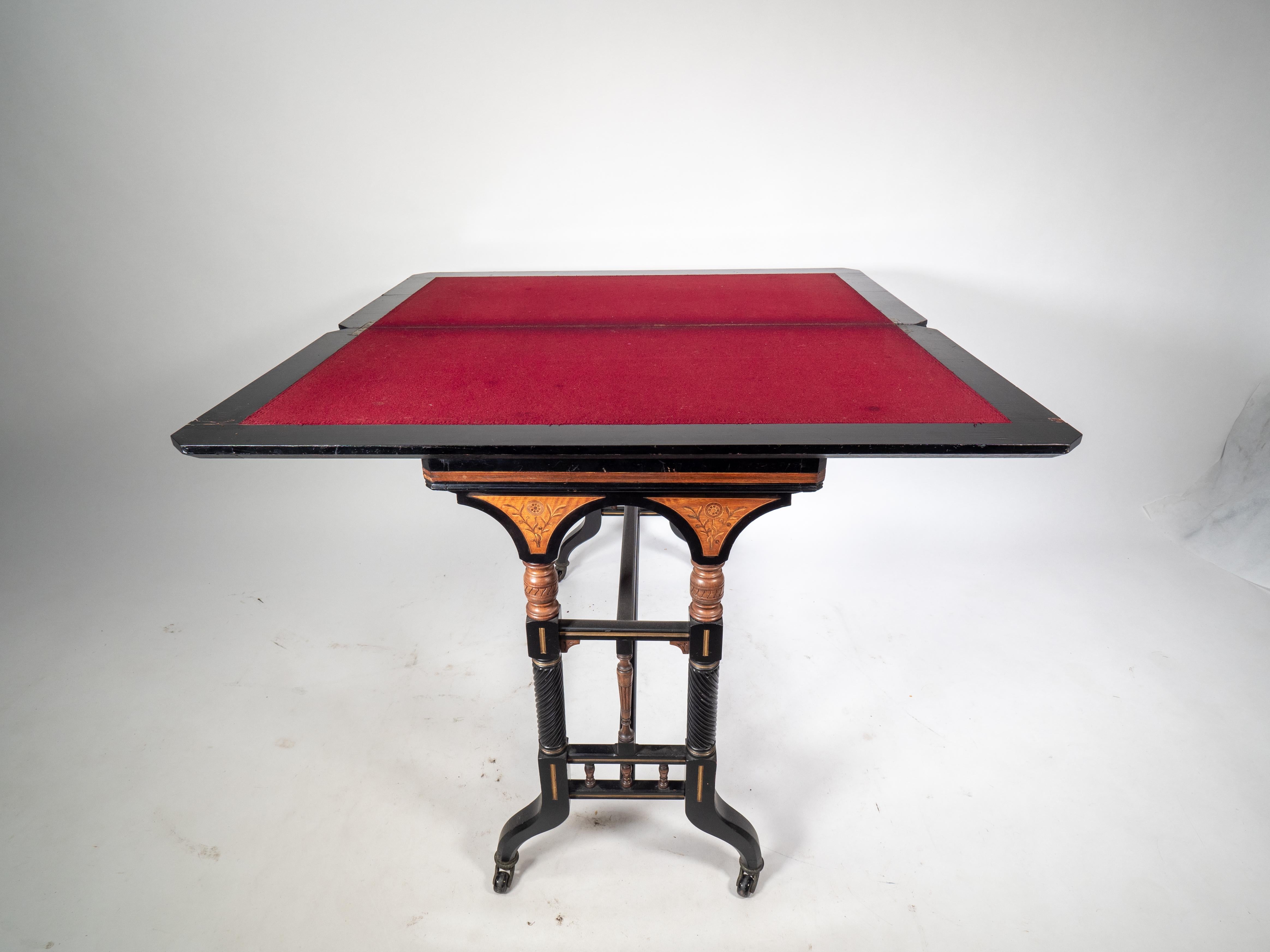 Gillows attr An Aesthetic Movement ebonized & fold over floral inlaid card table For Sale 10