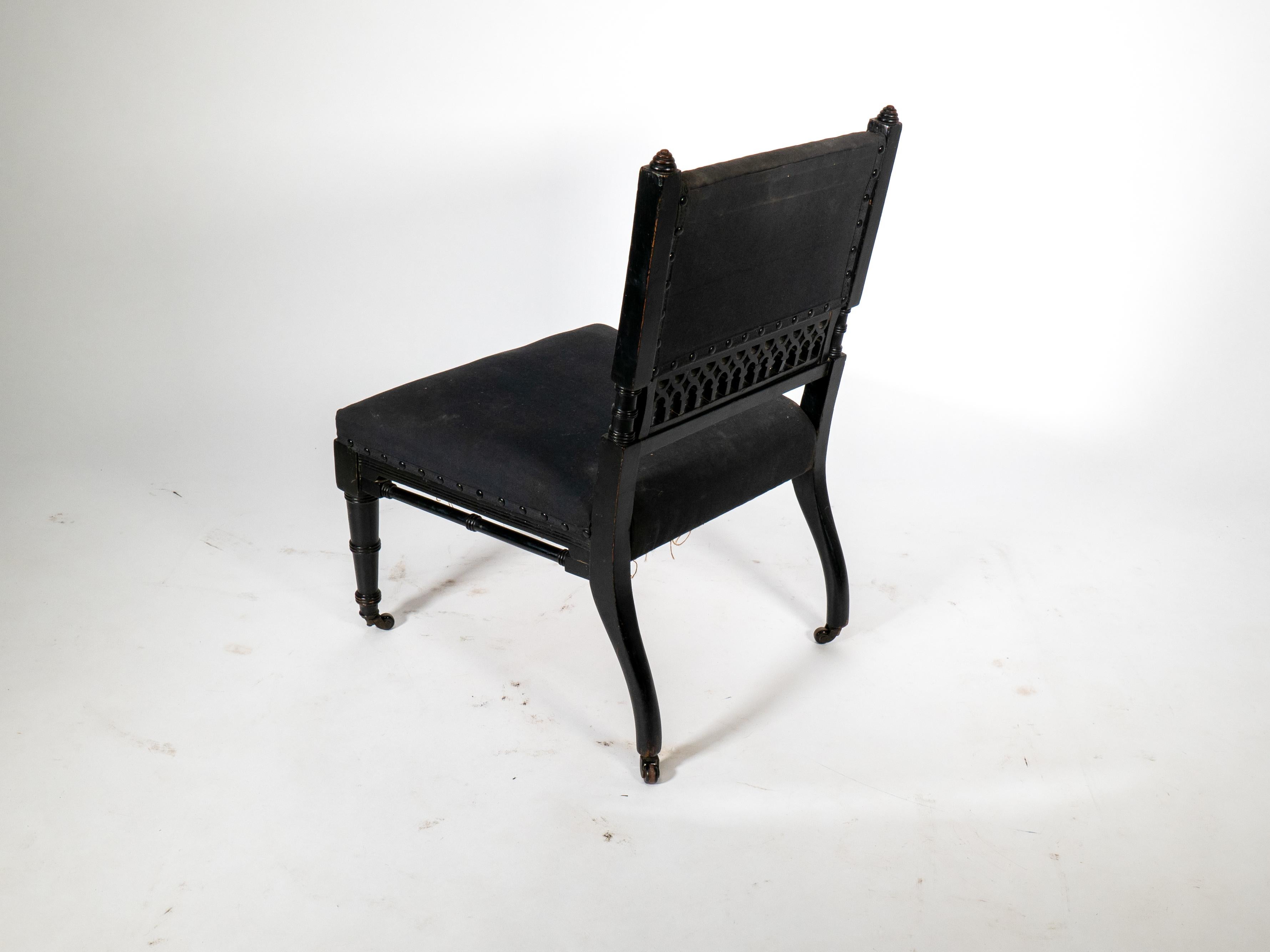 English An Aesthetic Movement low side chair with fretwork to the lower back rest For Sale