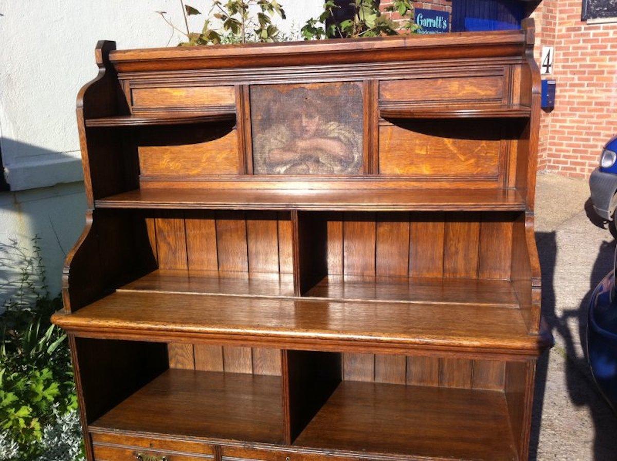 English Aesthetic Movement Oak Bookcase Sideboard with a Pre Raphaelite Oil Painting For Sale