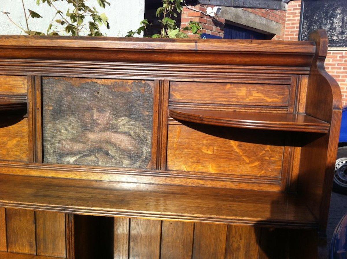 Hand-Crafted Aesthetic Movement Oak Bookcase Sideboard with a Pre Raphaelite Oil Painting For Sale