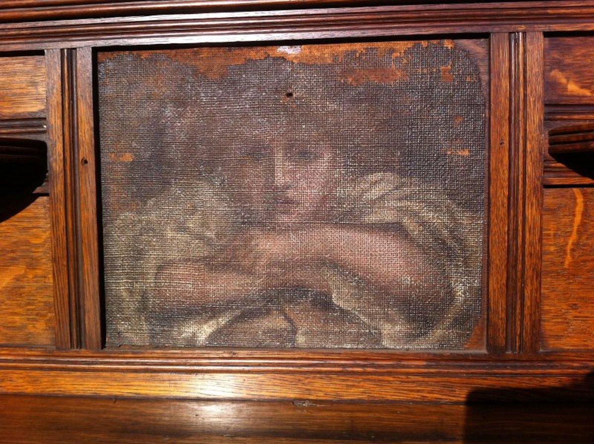 Aesthetic Movement Oak Bookcase Sideboard with a Pre Raphaelite Oil Painting In Good Condition For Sale In London, GB