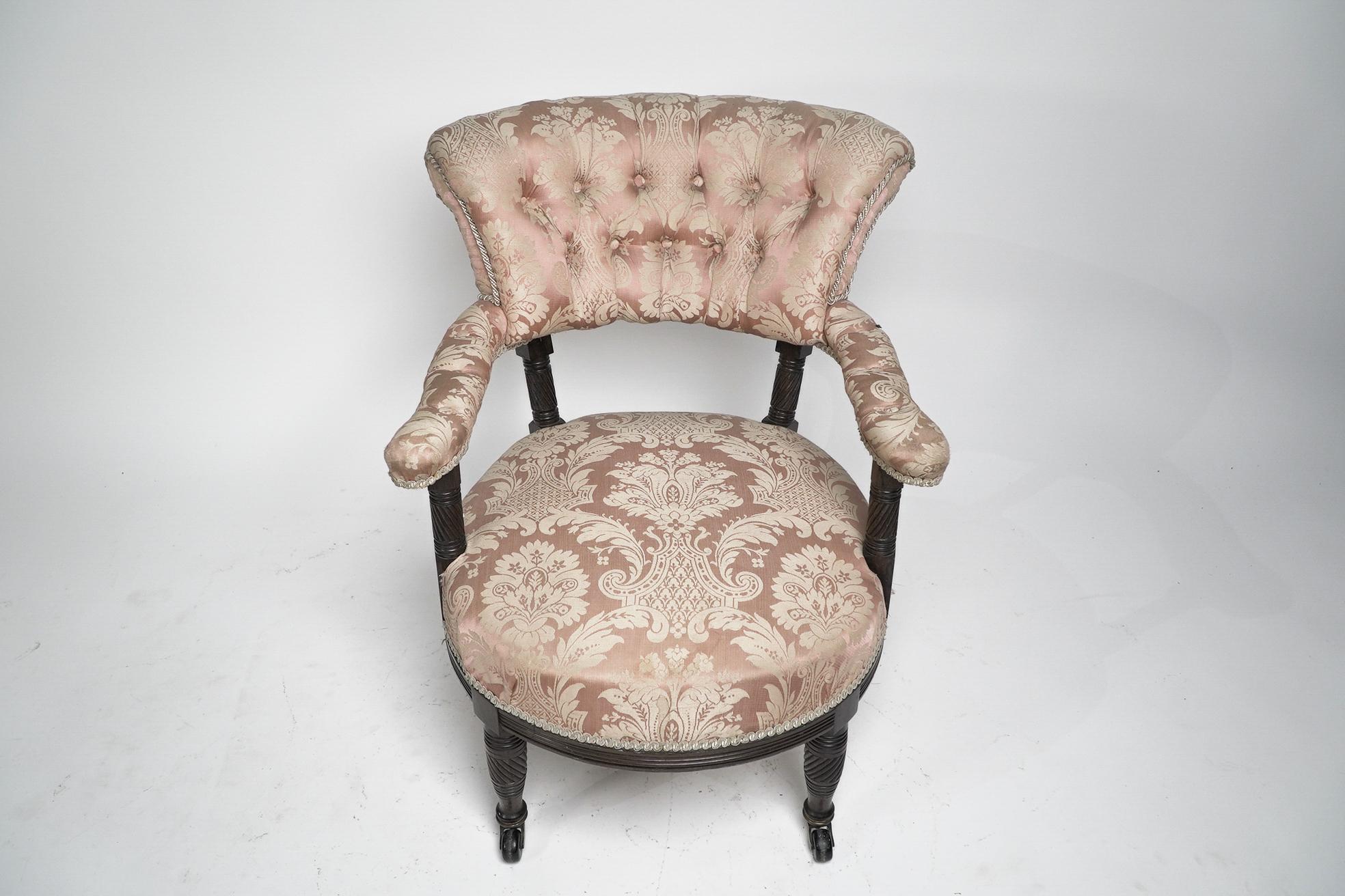 English Bruce Talbert Gillows, Aesthetic Movement rosewood armchair with pink upholstery For Sale