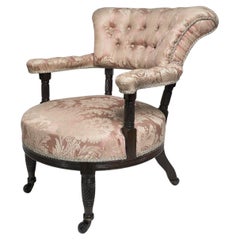 Antique Bruce Talbert Gillows, Aesthetic Movement rosewood armchair with pink upholstery