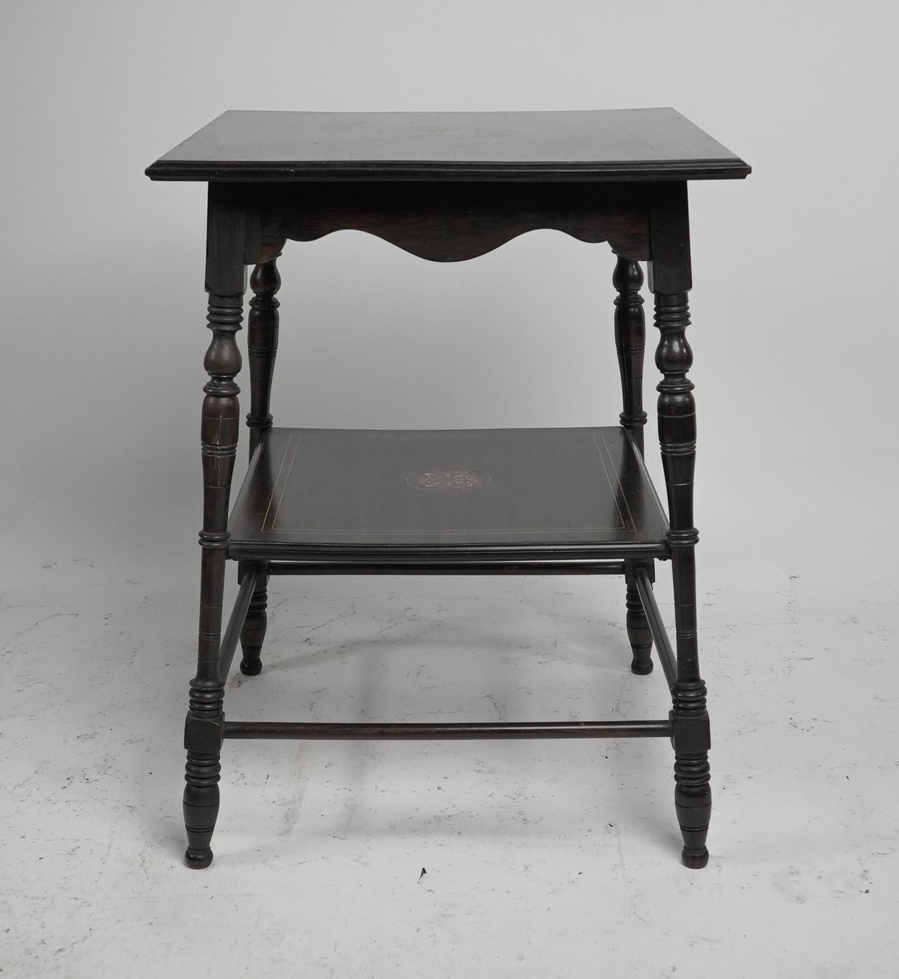 English An Aesthetic Movement rosewood two tier side table inlaid with floral decoration For Sale