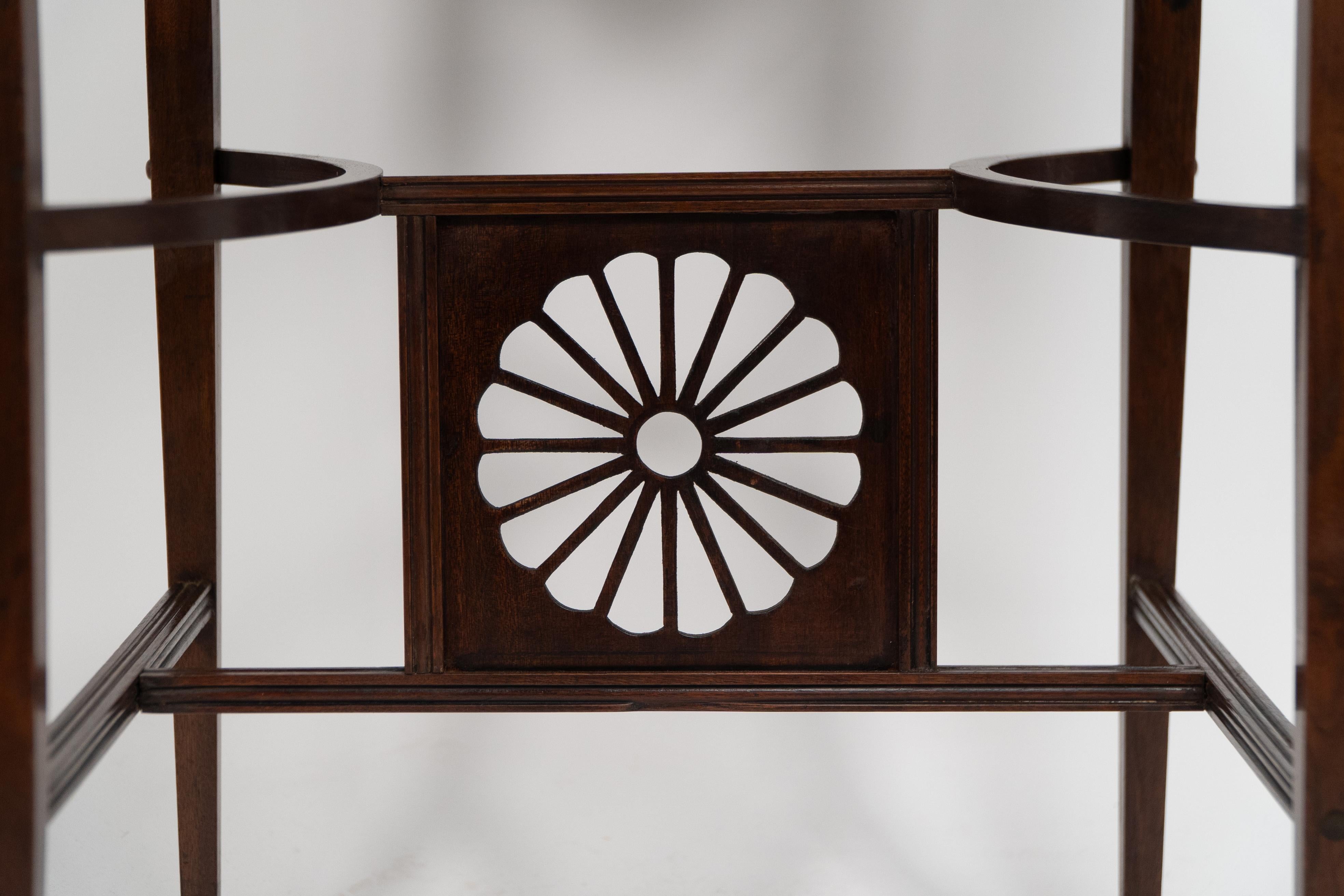 Aesthetic Movement side table with sunflower & curved & straight side stretchers For Sale 7