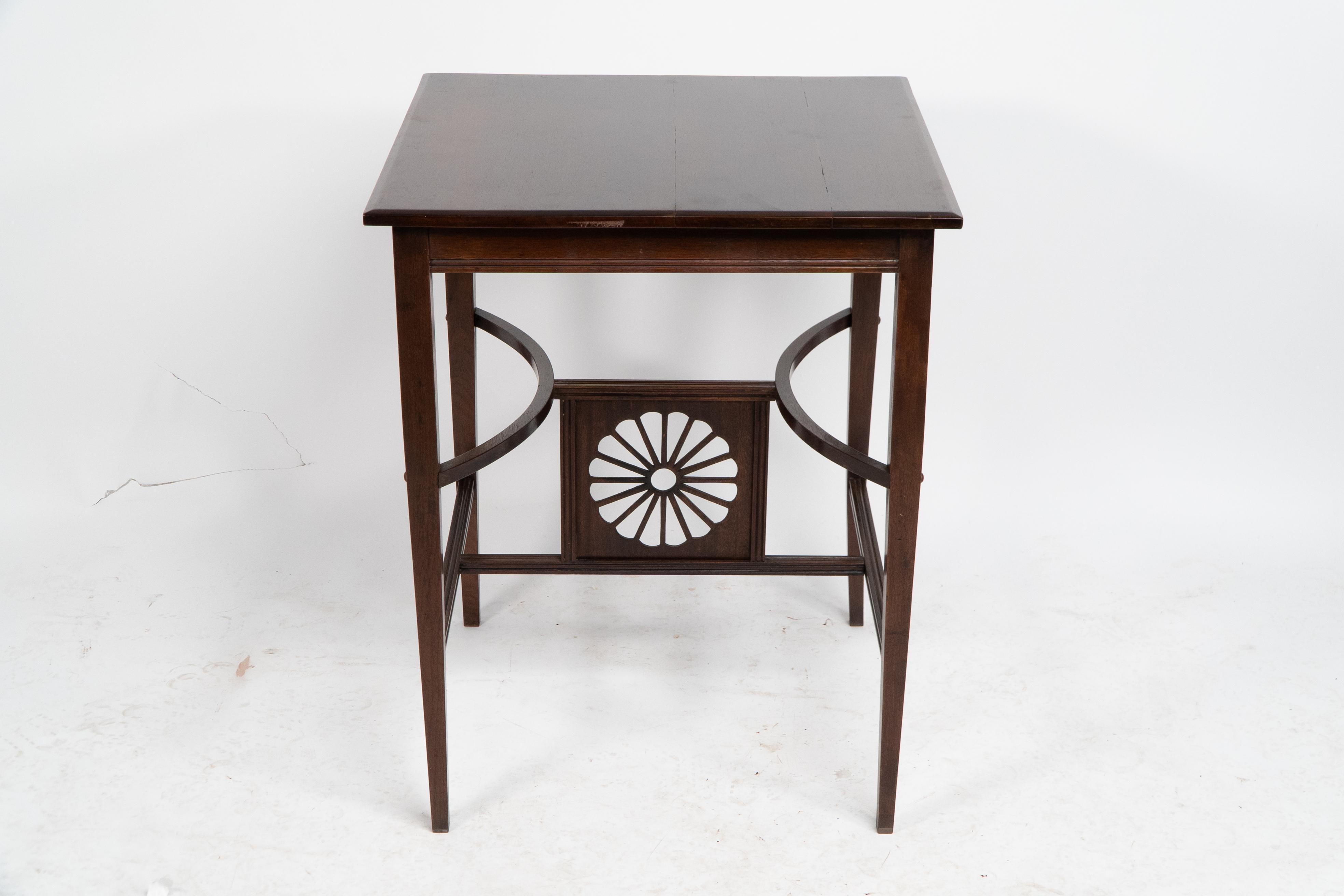 Walnut Aesthetic Movement side table with sunflower & curved & straight side stretchers For Sale