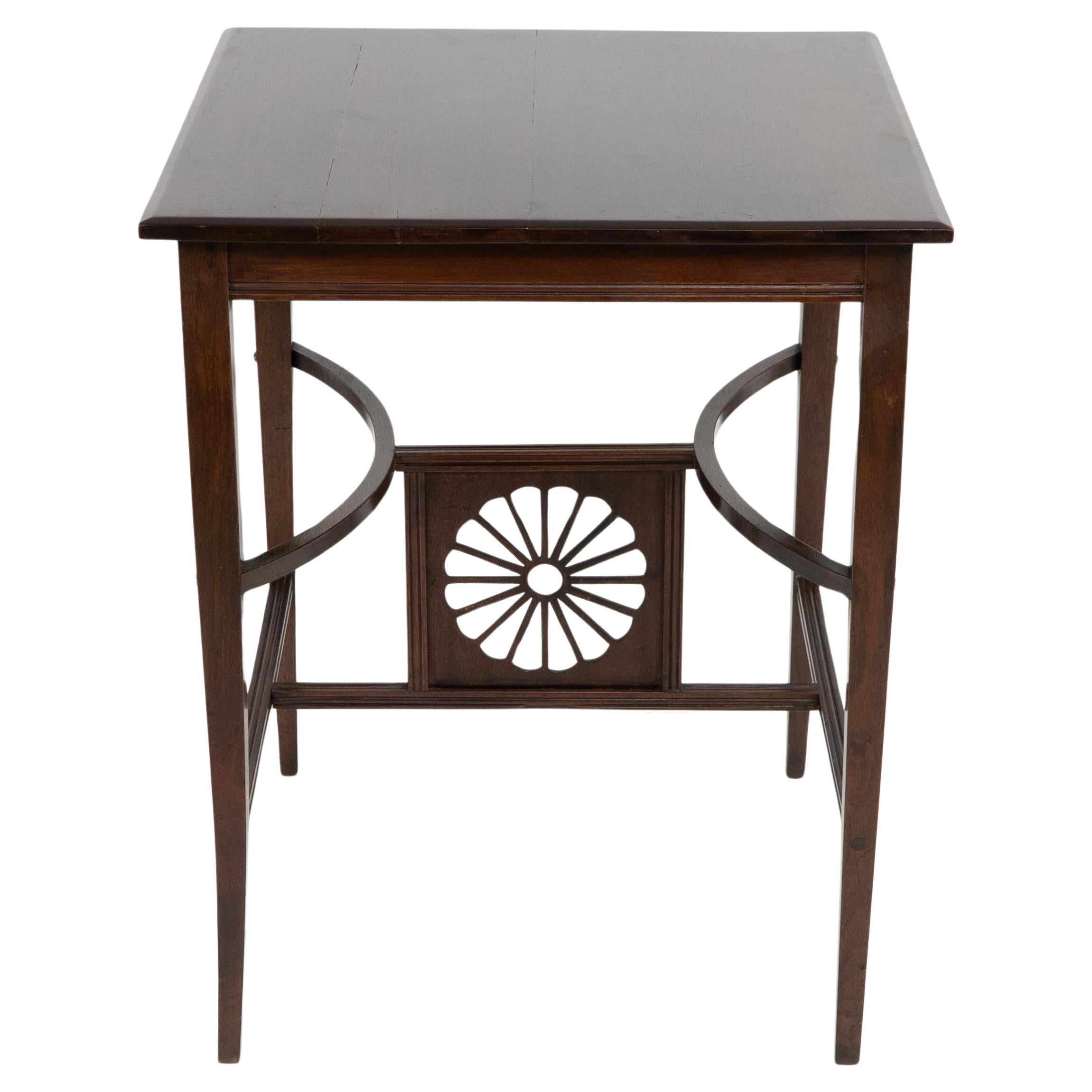Aesthetic Movement side table with sunflower & curved & straight side stretchers For Sale