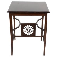 Antique Aesthetic Movement side table with sunflower & curved & straight side stretchers