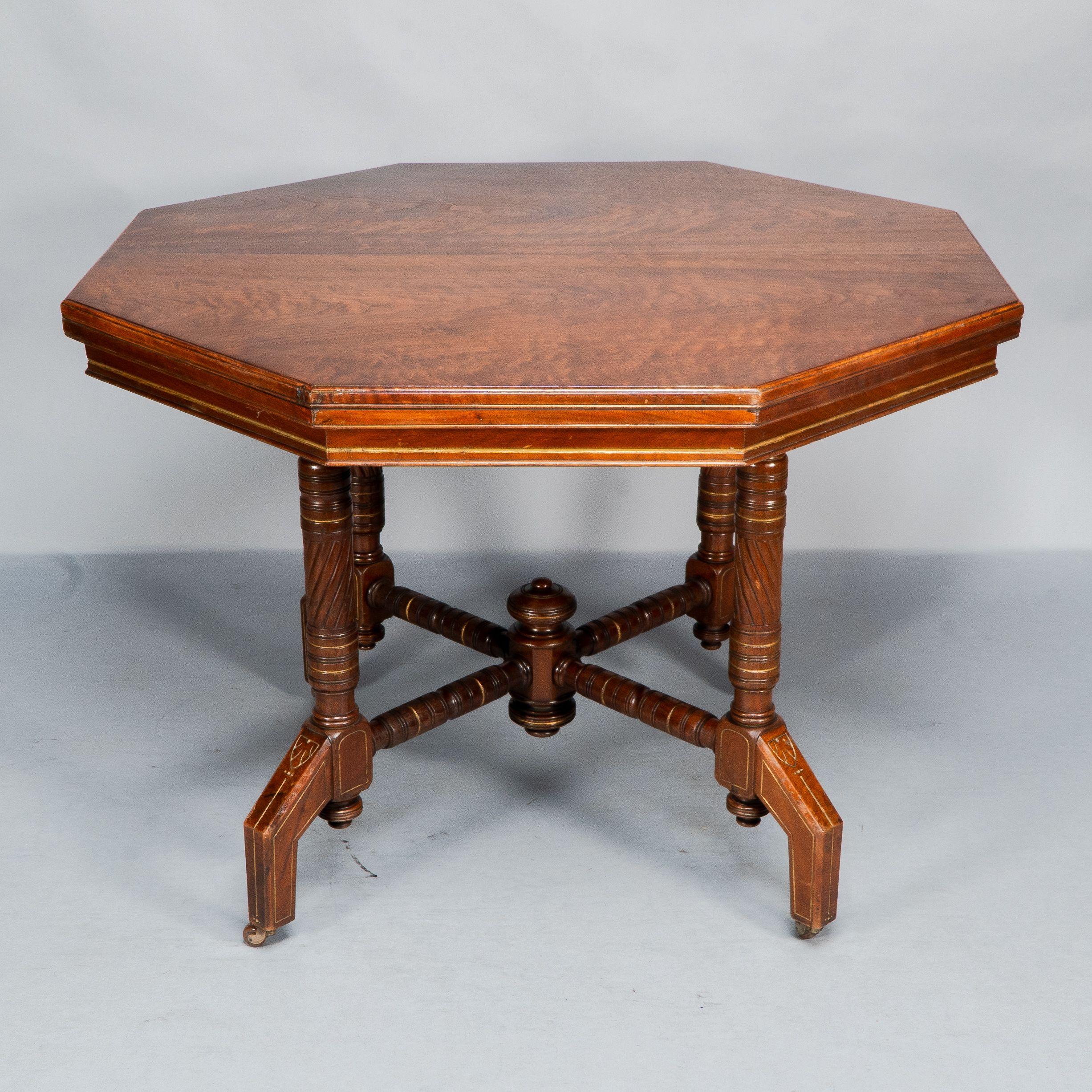 British An Aesthetic Movement Walnut & Gilt Octagonal Centre Table For Sale