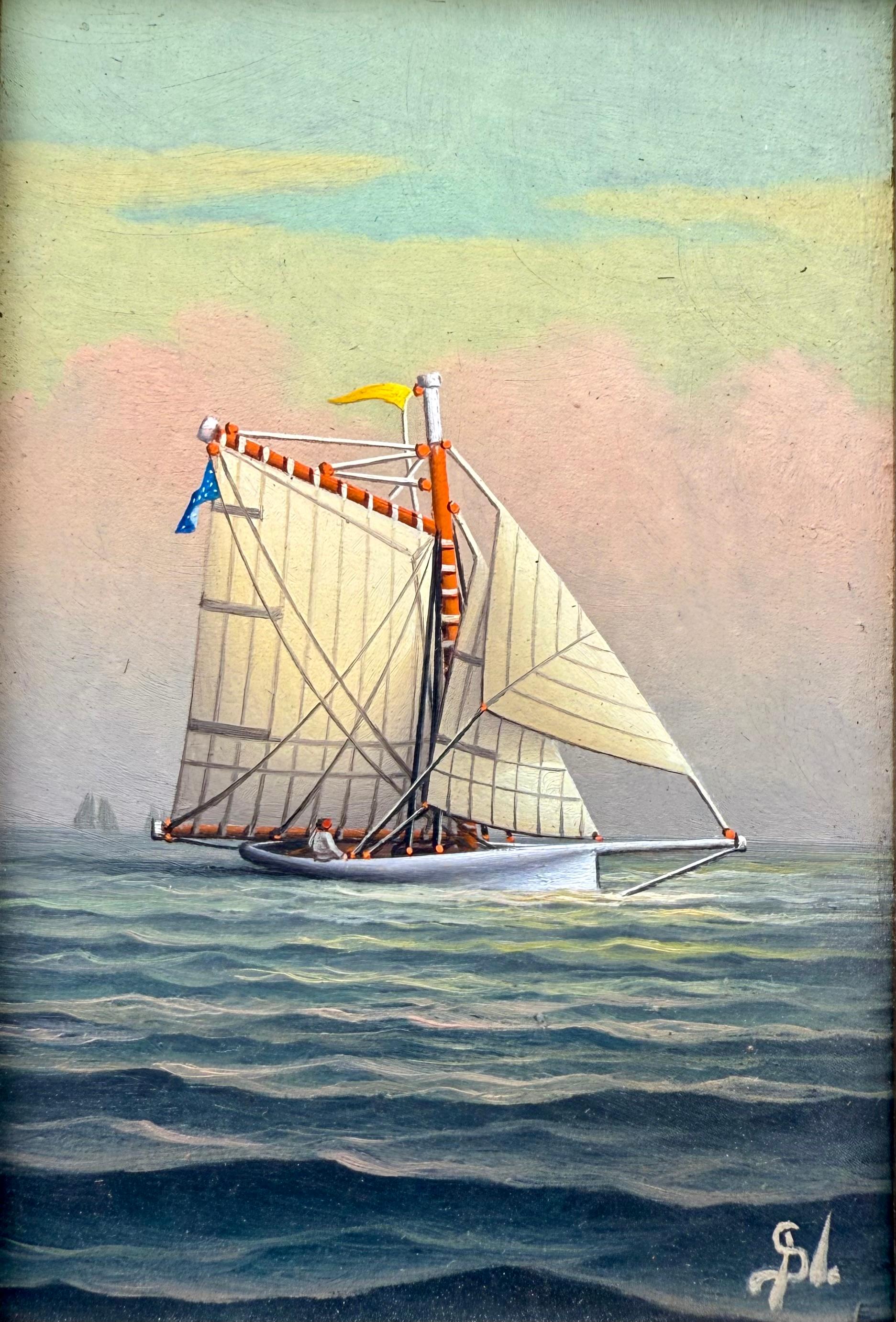 Oil on board, signed with the artist monogram in the lower right.  The light in this painting exudes the tranquility to a wonderful afternoon of sailing in calm waters.  The dimesions listed include the frame.  Nemethy was known to use period frames
