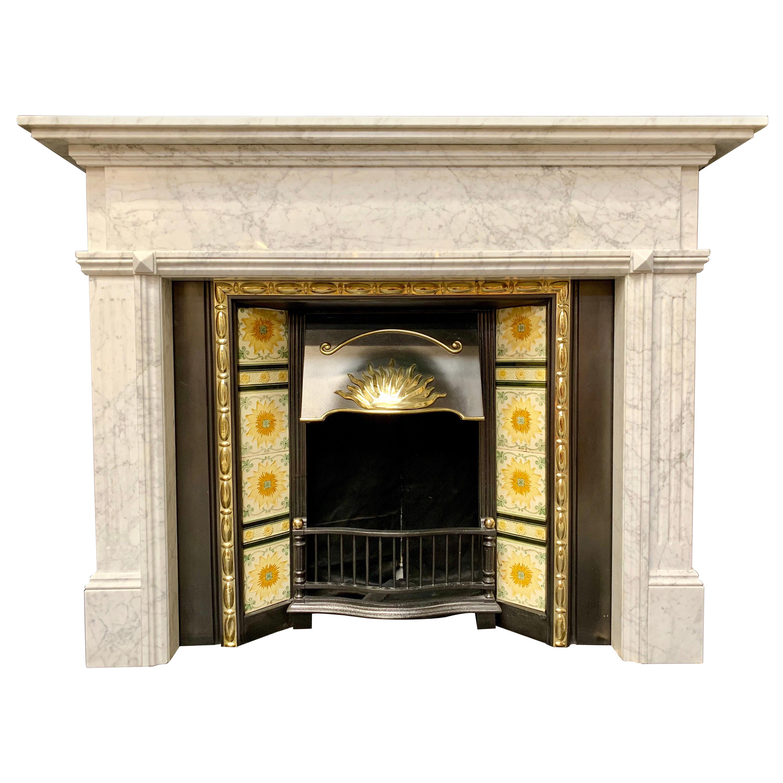 Aged Victorian Style Carved Carrara Marble Fireplace Surround For Sale