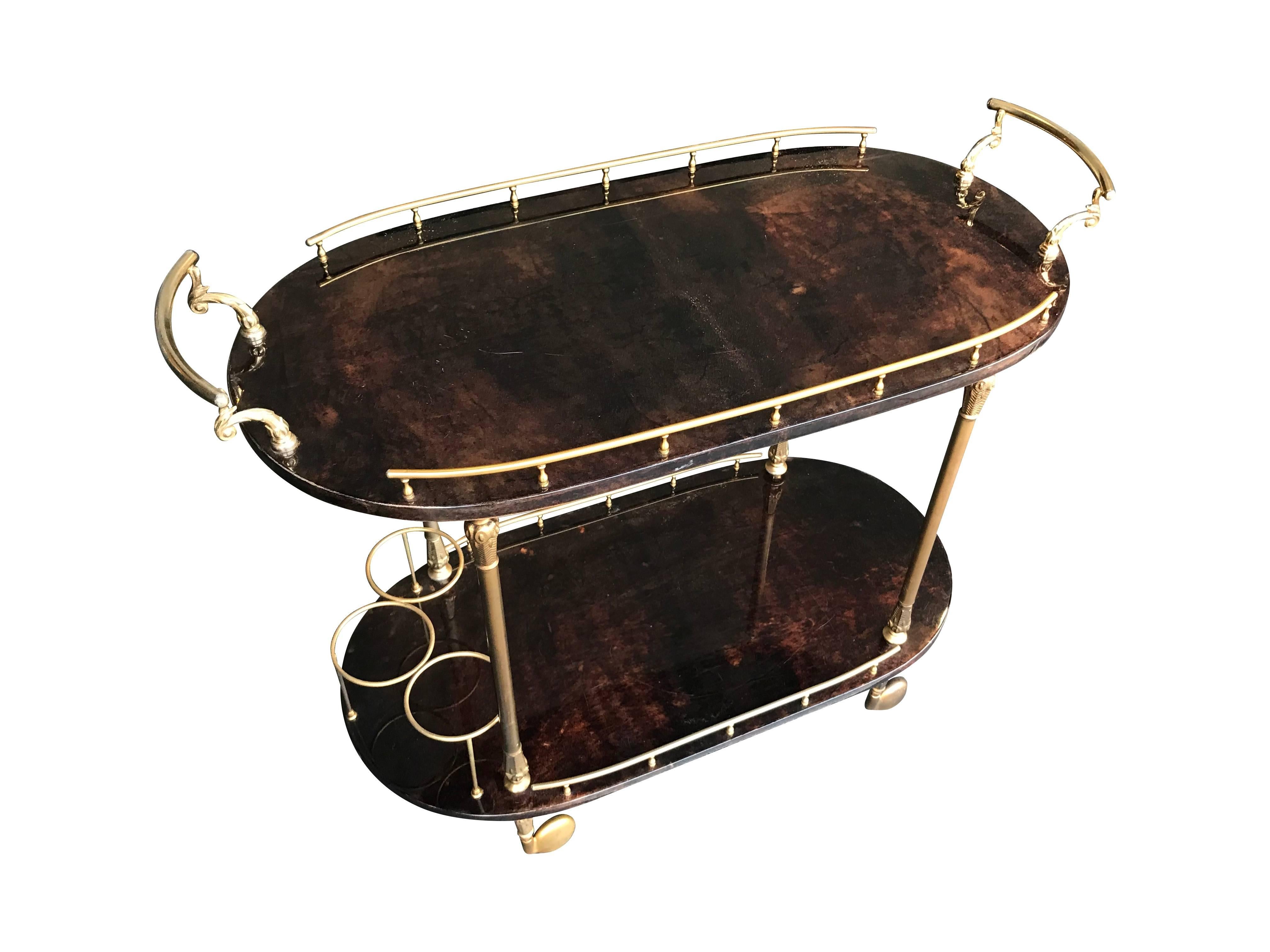 Brass Aldo Tura Goatskin Bar Trolley