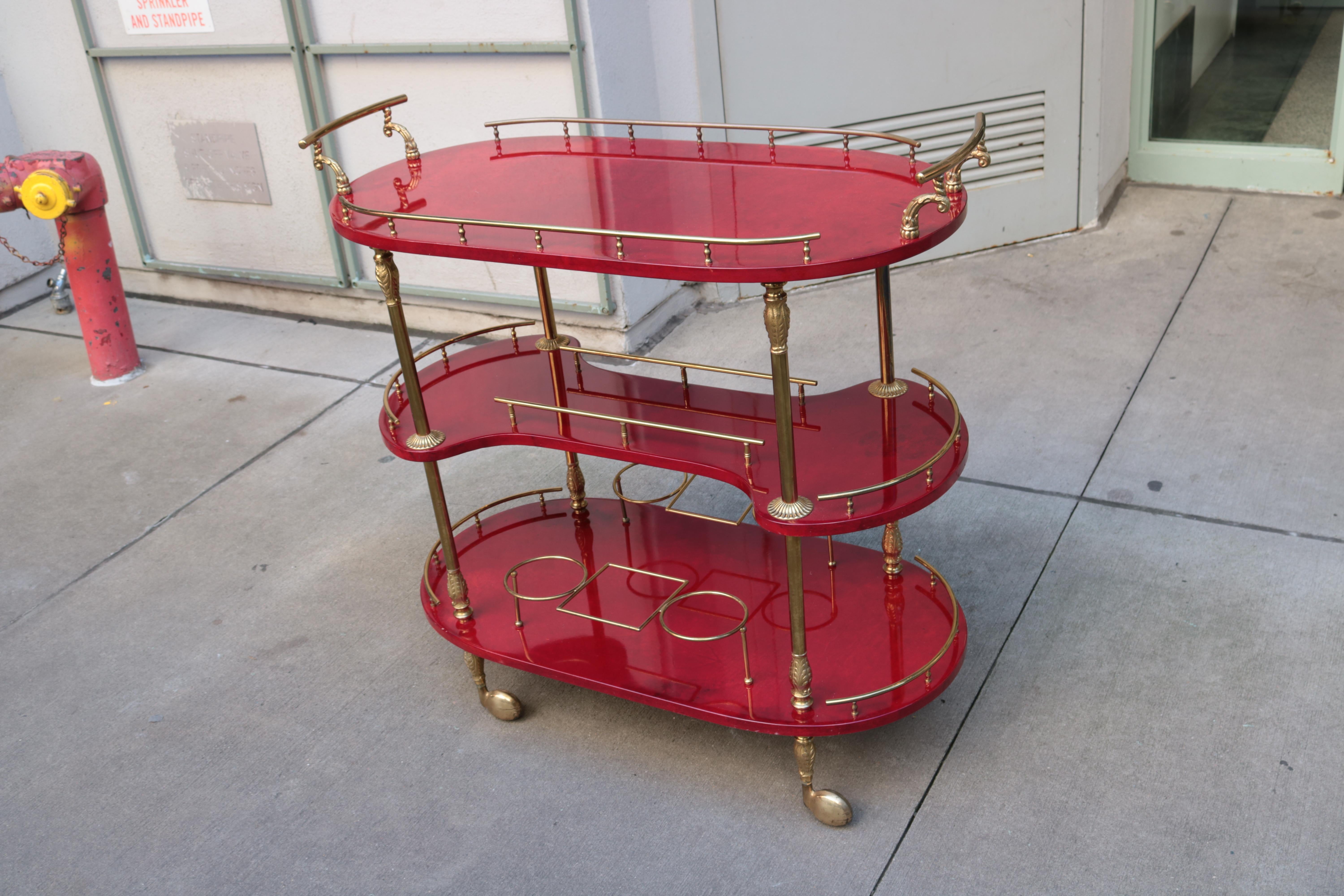 Brass An Aldo Tura Modernist Three Tier Bar Cart For Sale