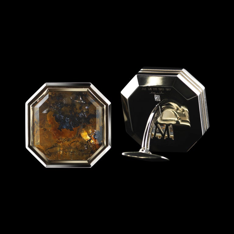 A pair of bezel-set Asscher-cut Dendritic Quartz cufflinks set in 18 Karat yellow and white gold, and surrounded by architectural frames. Alexandra Mor logo is featured on verso and is complemented by an Asscher-cut Diamond accent. Dendritic quartz