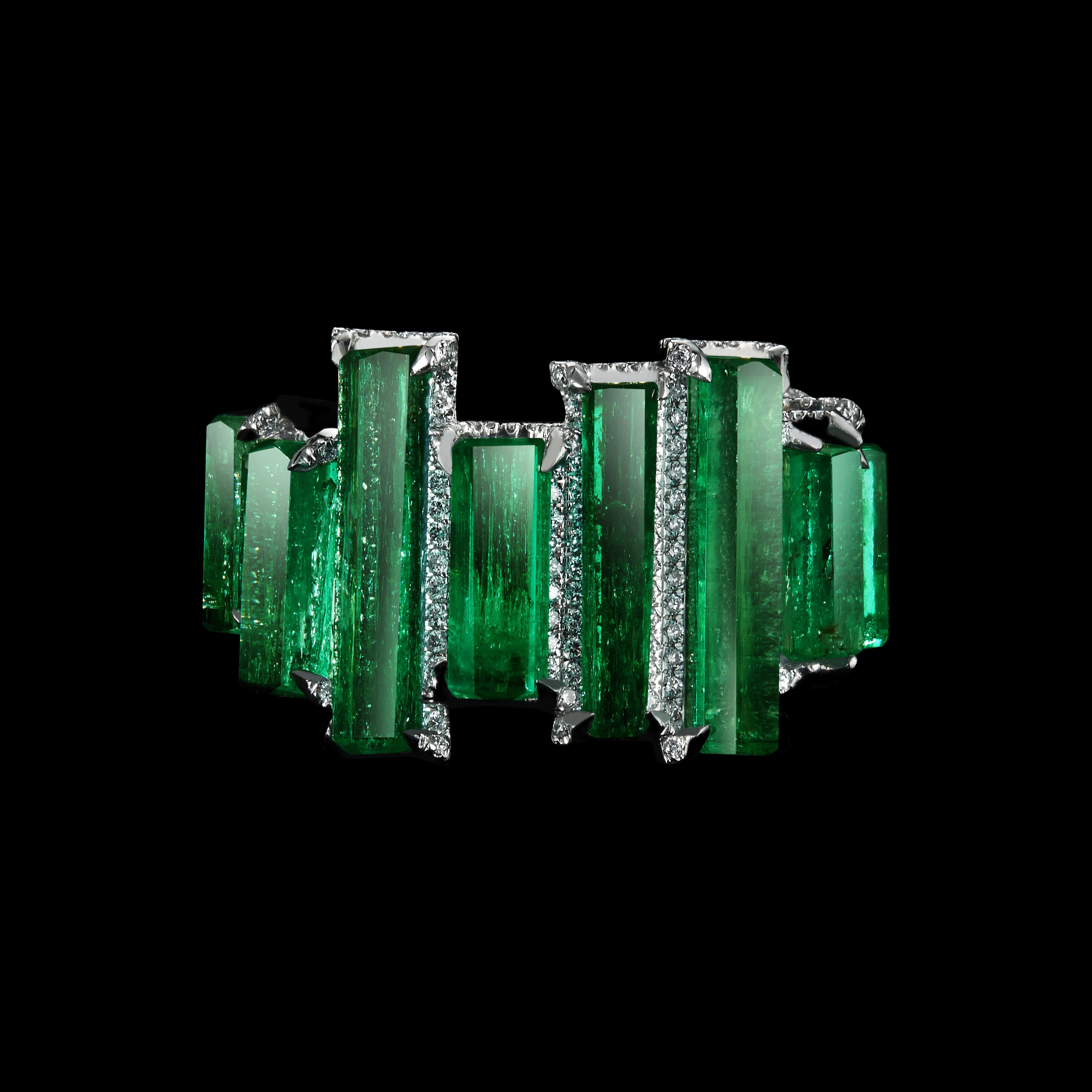 Modern Alexandra Mor One of a Kind Emeralds and Diamonds Wide Eternity Band