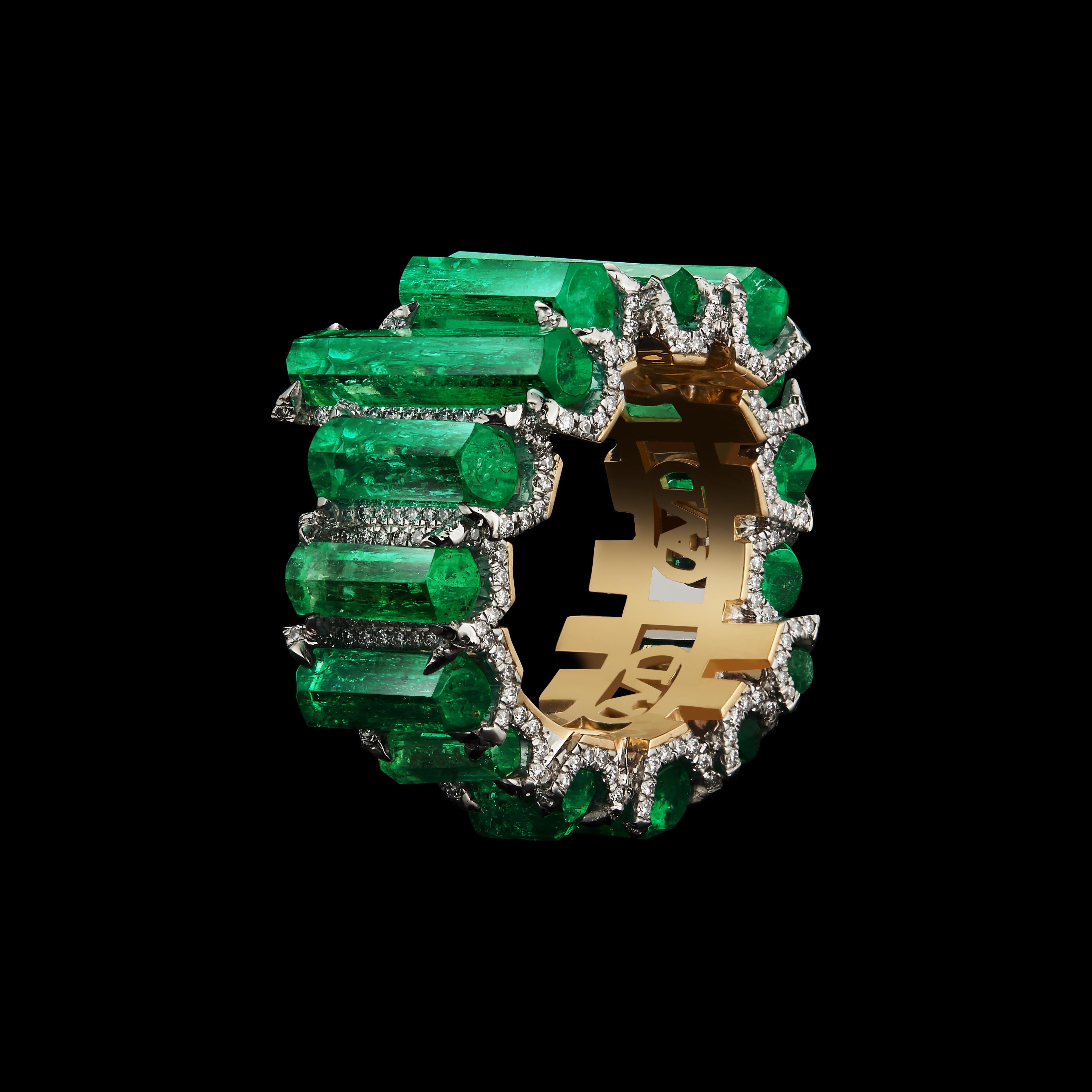 Women's or Men's Alexandra Mor One of a Kind Emeralds and Diamonds Wide Eternity Band
