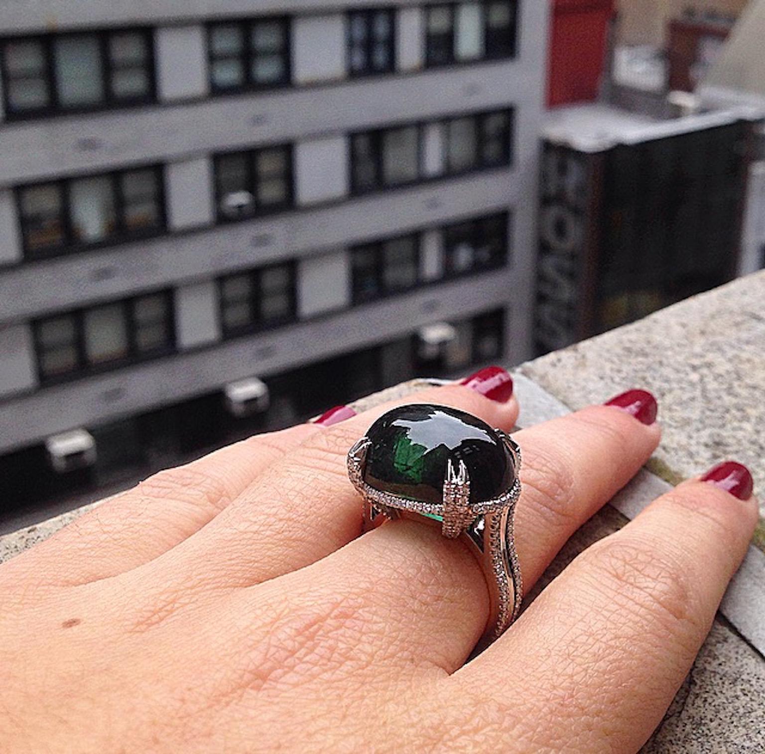 Contemporary Alexandra Mor Oval Cabochon Green-Tourmaline Diamond Ring For Sale