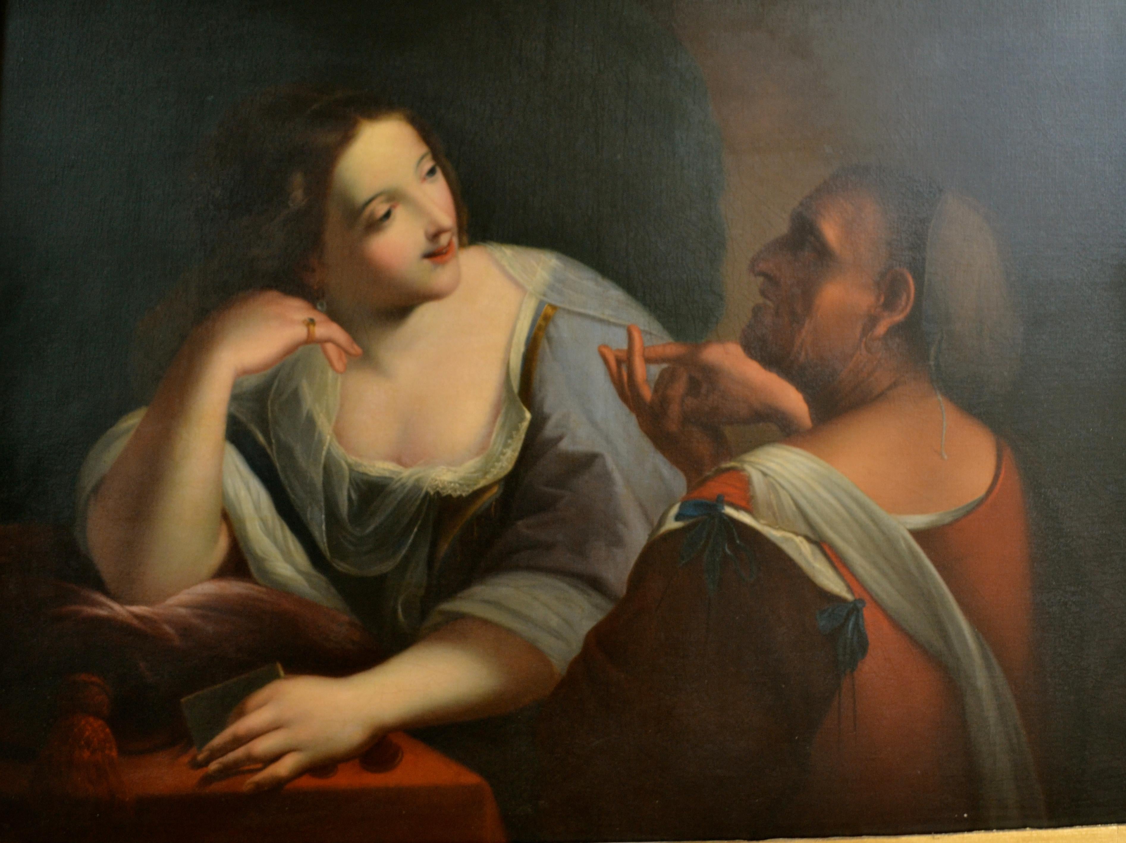Pintura alegórica del siglo XVIII, estilo antiguo maestro, que representa la juventud y la vejez, y/o la belleza y la sabiduría, representada por una bella joven apoyada en su codo derecho que escucha a una anciana que le habla demostrativamente, El