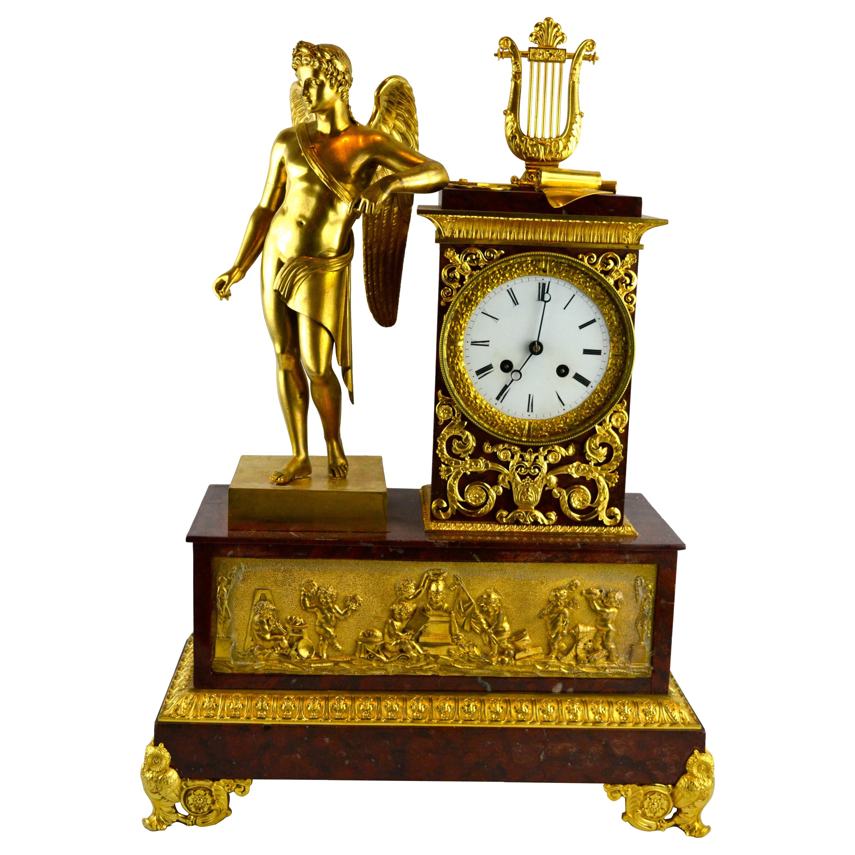 Hand-Carved French Empire Clock Depicting Apollo God of Music and the Arts  For Sale