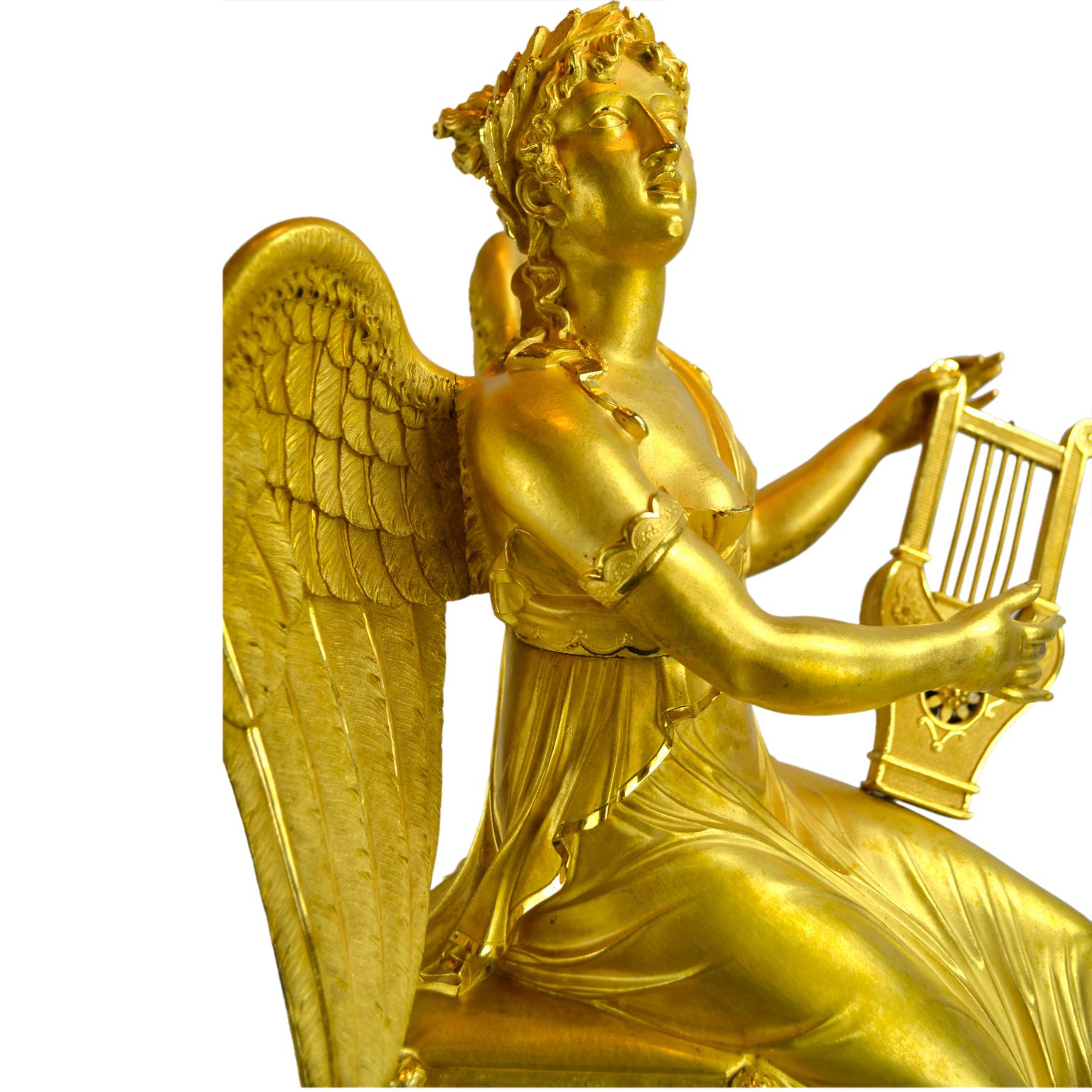 Empire Allegorical Gilt Bronze Clock Depiction Clio, the Muse of History and Music For Sale
