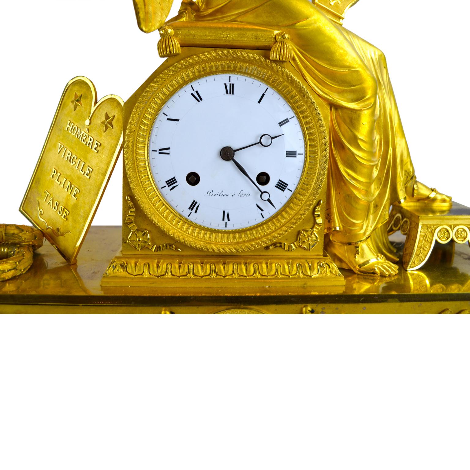 French Allegorical Gilt Bronze Clock Depiction Clio, the Muse of History and Music For Sale