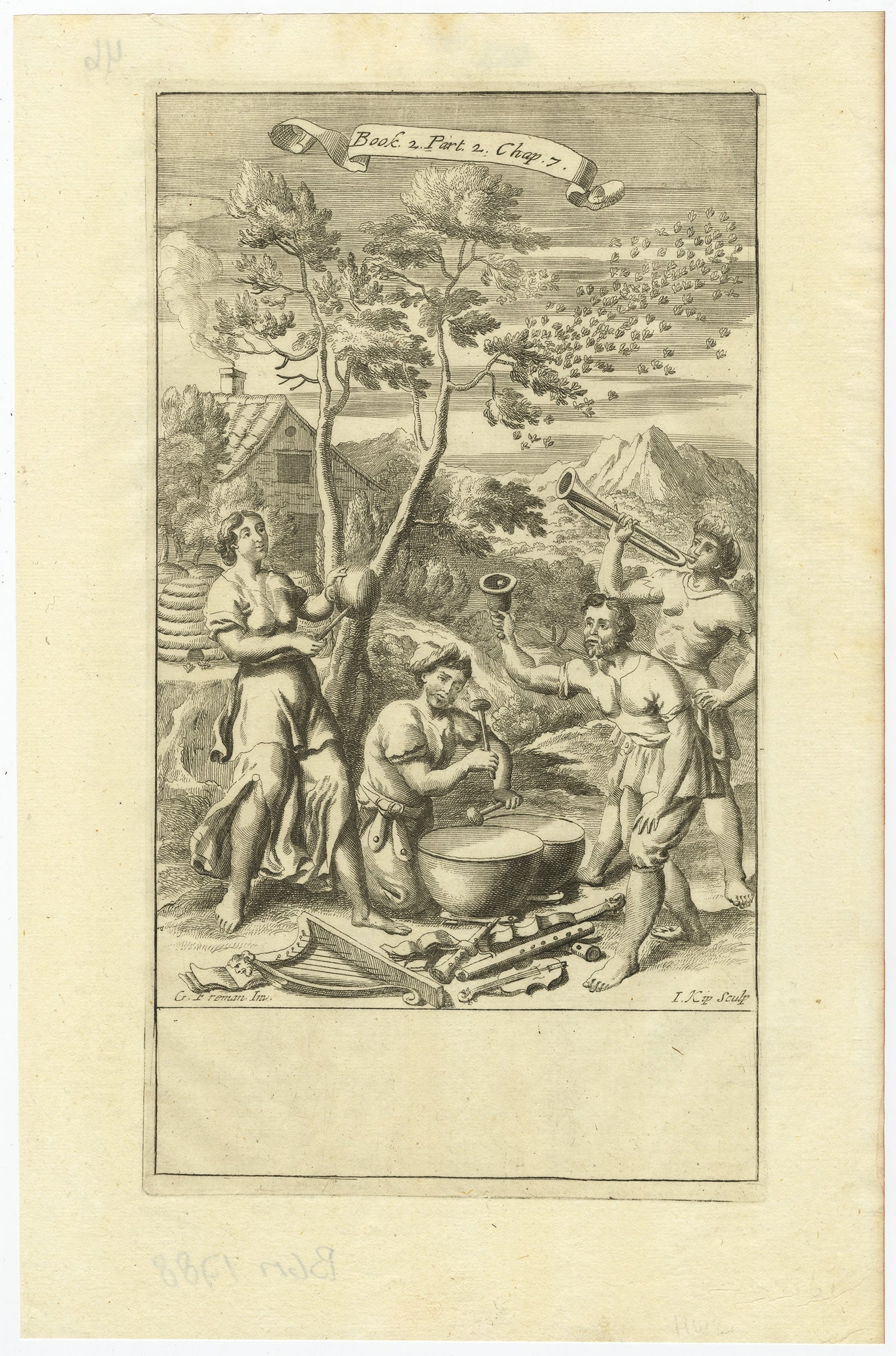 Dies ist ein faszinierender Druck von Johannes Kip (1652/53-1722), einem vollendeten niederländischen Kupferstecher, der für seine Werke bekannt ist, die verschiedene Themen der Philosophie, Architektur und Landschaften illustrieren. Der Druck zeigt