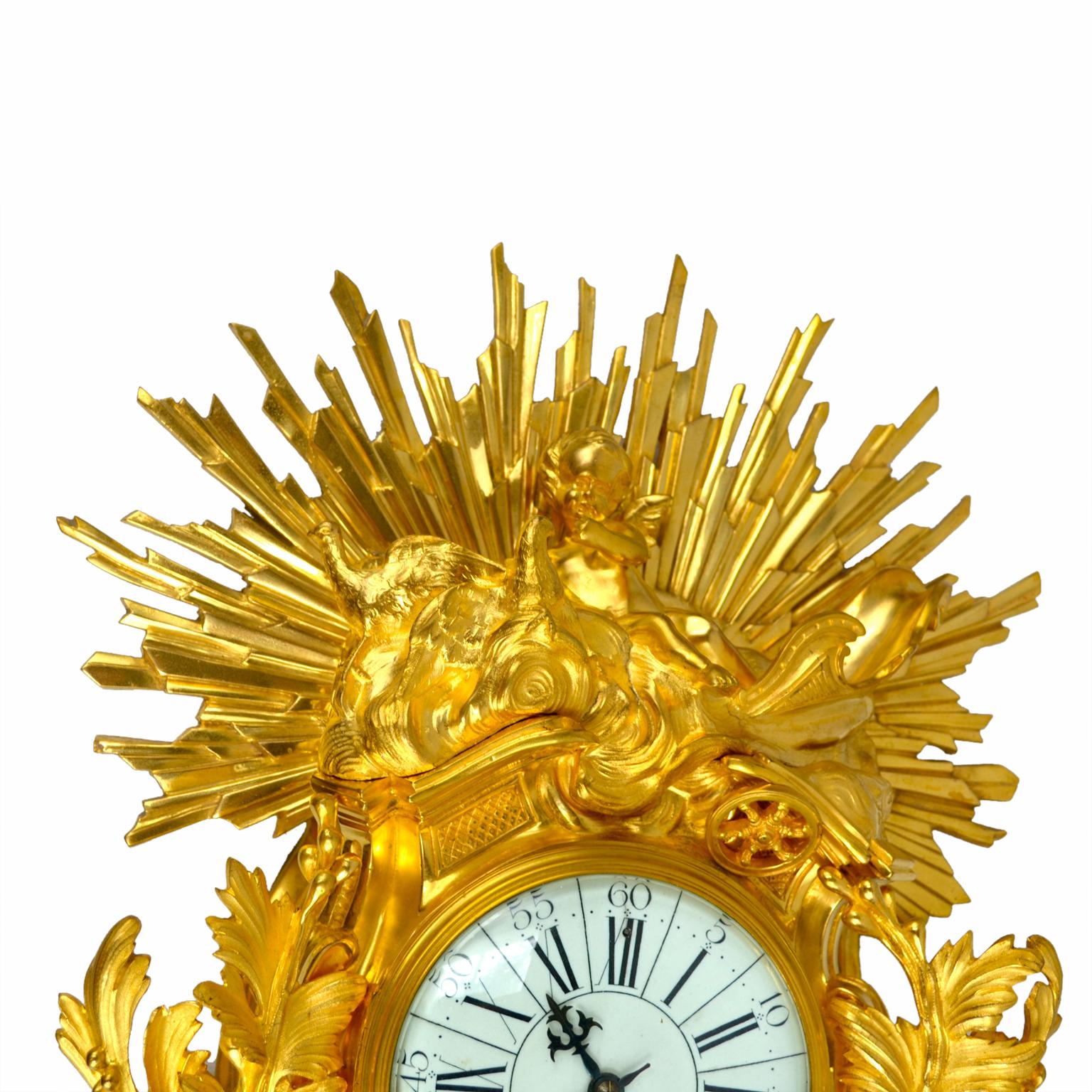 French Allegorical Louis XV Style Gilt Bronze Cartel Clock Depicting 