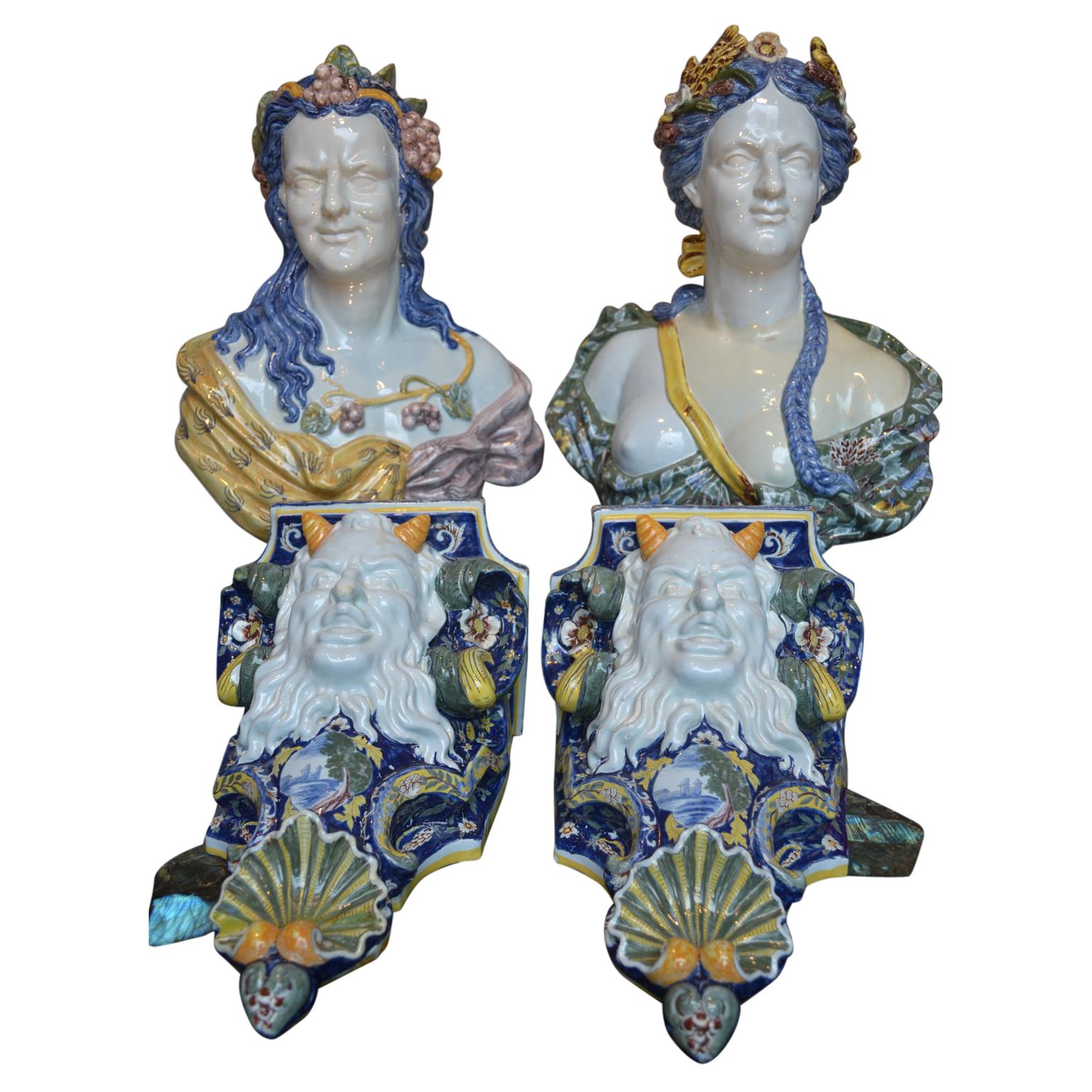 Porcelain Allegorical Pair of Faience de Rouen Busts Depicting Summer and Fall For Sale