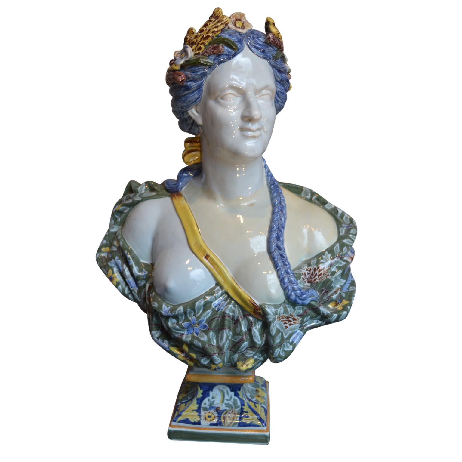 Allegorical Pair of Faience de Rouen Busts Depicting Summer and Fall For Sale 1