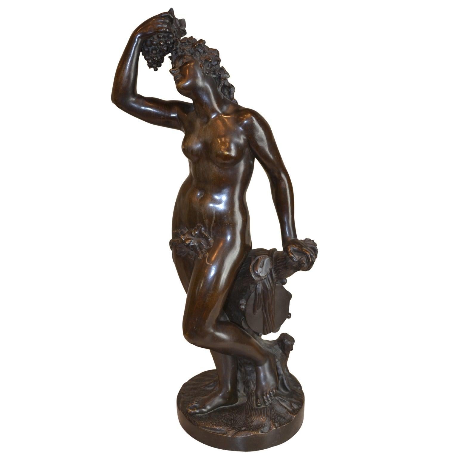 Neoclassical Revival Allegorical Patinated Bronze Statue of the Wine Goddess Bacchante For Sale