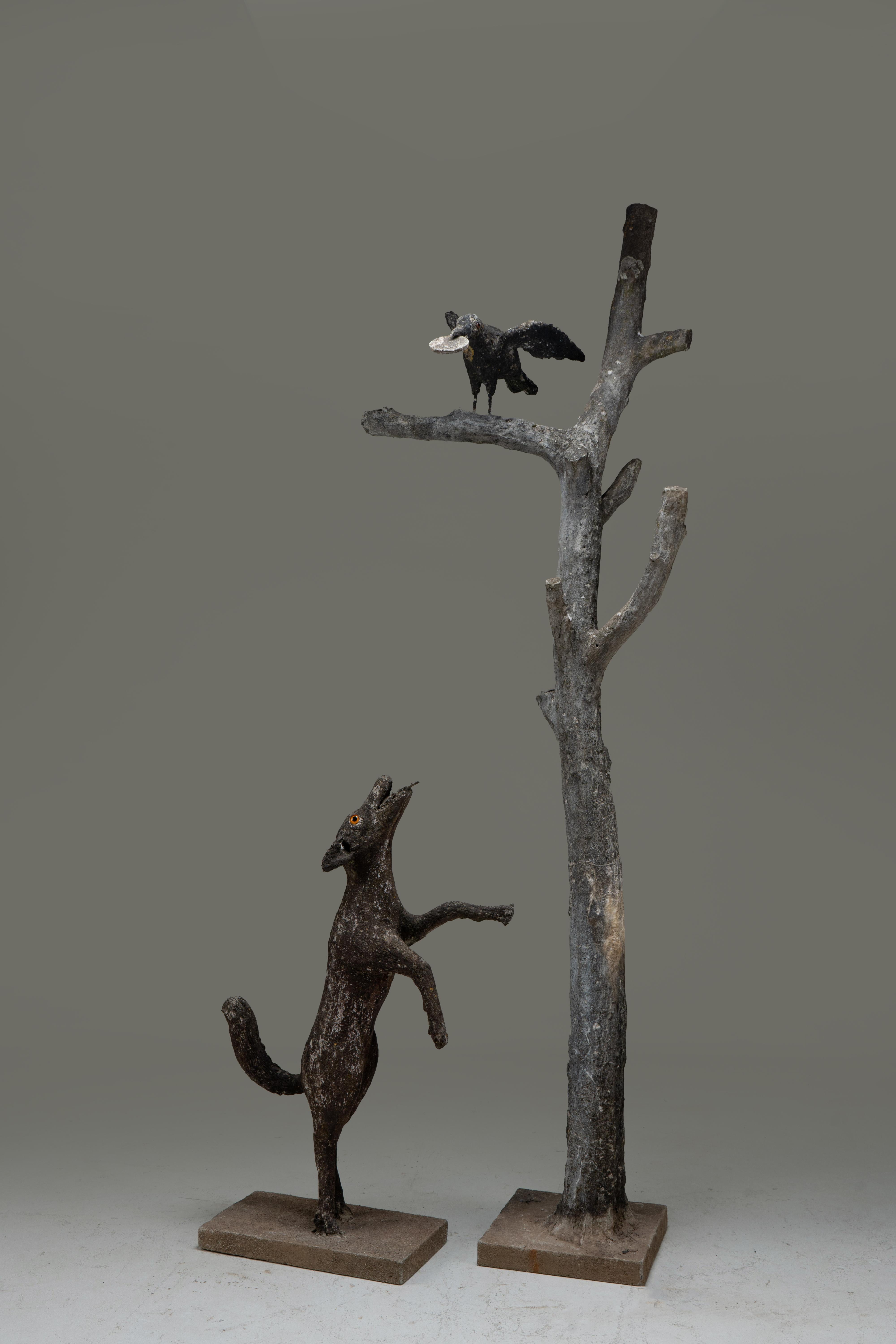 An Allegorical Sculpture of a Dog and A Crow on a Tree 5