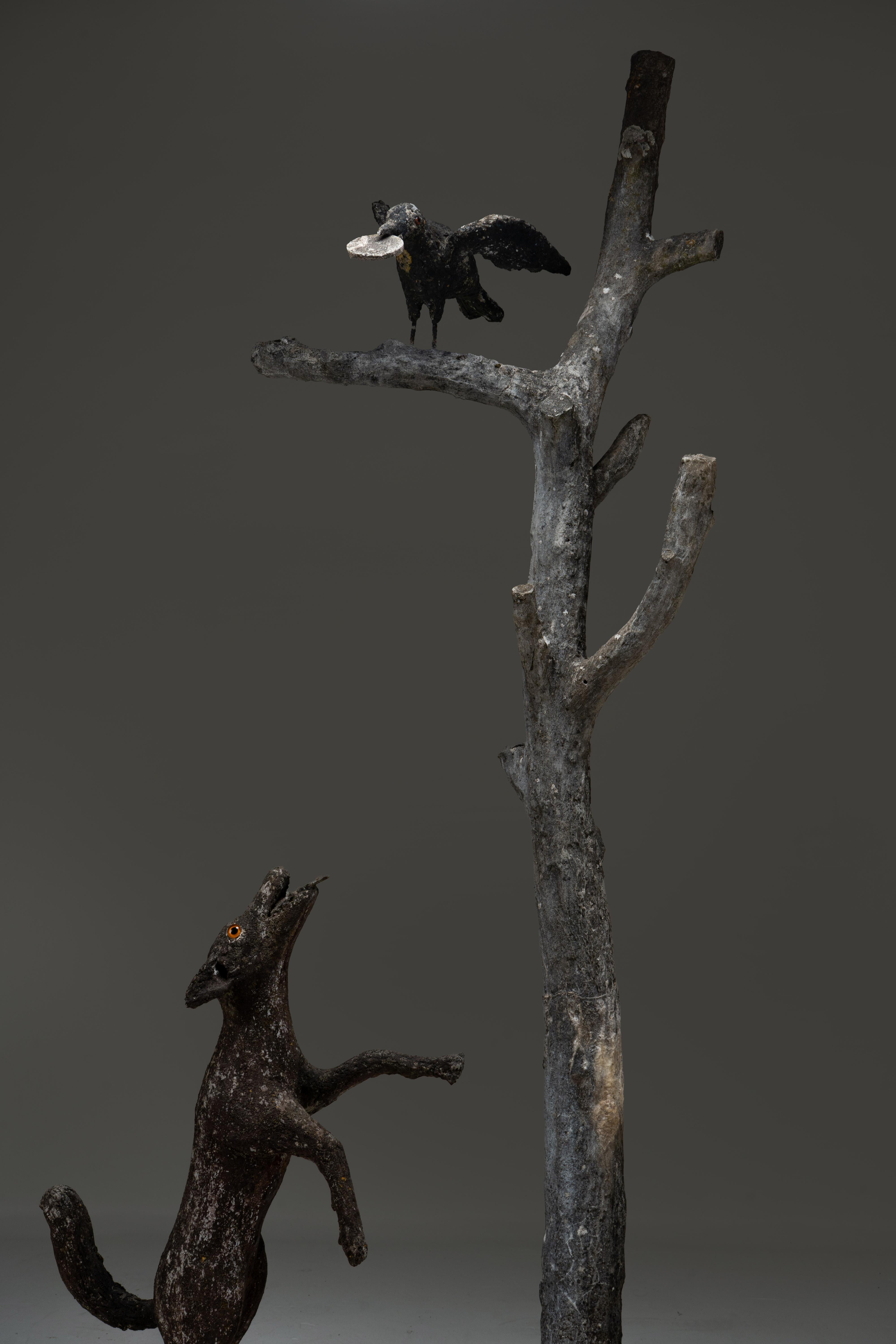 An Allegorical Sculpture of a Dog and A Crow on a Tree 6