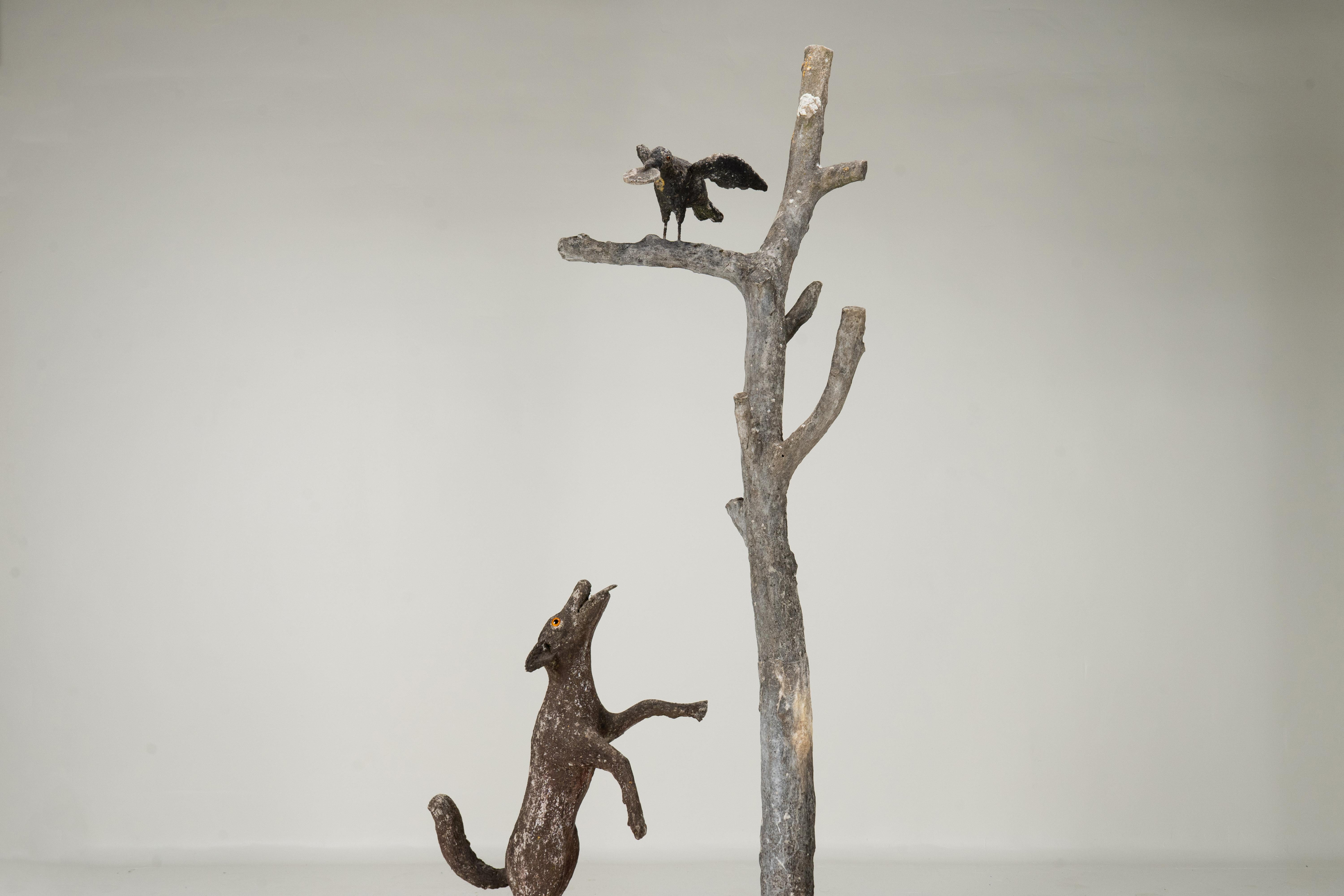 20th Century An Allegorical Sculpture of a Dog and A Crow on a Tree