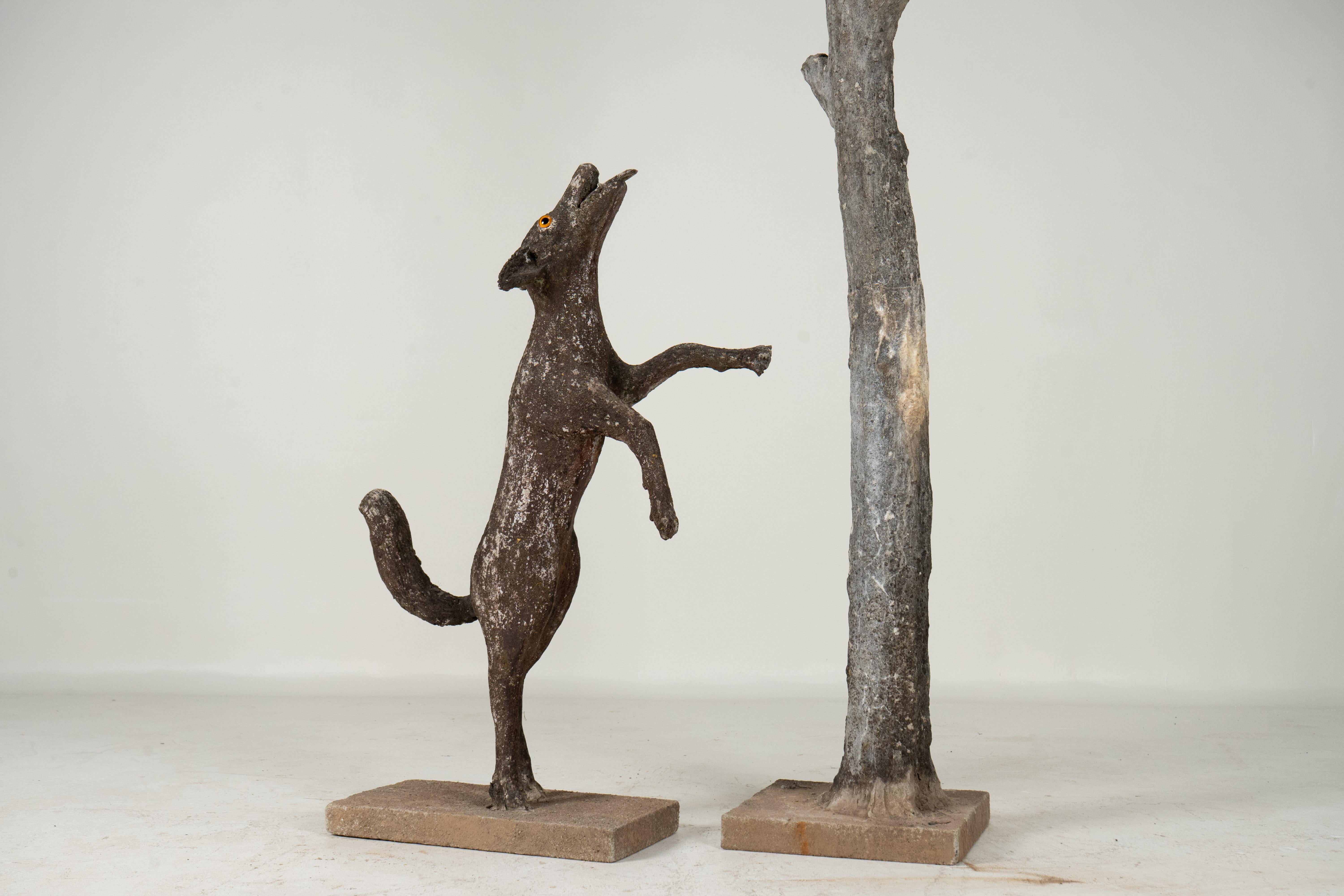 Cement An Allegorical Sculpture of a Dog and A Crow on a Tree
