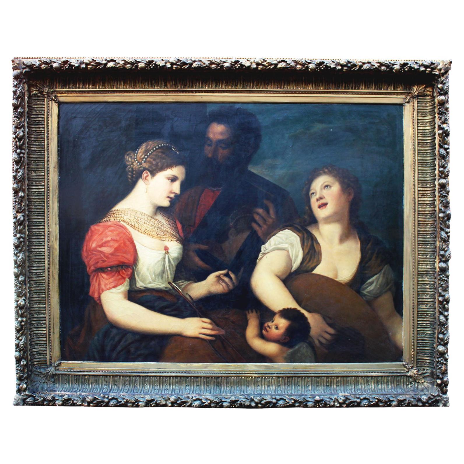 "An Allegory of Love"  19th C. Oil on Canvas After Titian - Tiziano Vecellio For Sale