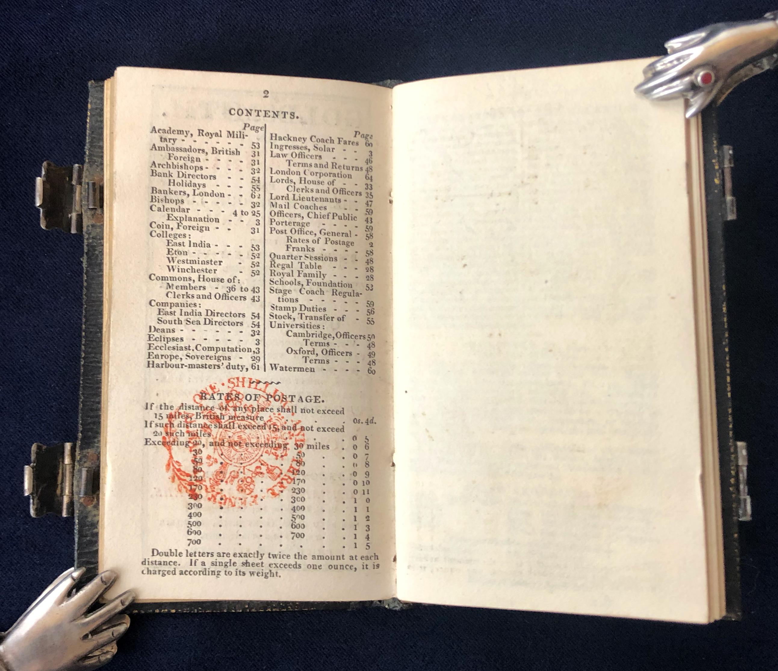 Goldsmith, Johns
Un Almanacco per l'Anno del Signore M.DCCC.XXXII 1832

Londra: Company of Stationers, 1831. 24mo; 4 1/8 x 2 1/4 in. (107 x 60 mm); pp. 64 + 12 fogli bianchi davanti e dietro e diversi dispersi nel libro. Alcune annotazioni a matita