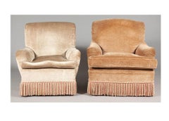 Almost Pair of Brown Velvet Swivel Club Chairs