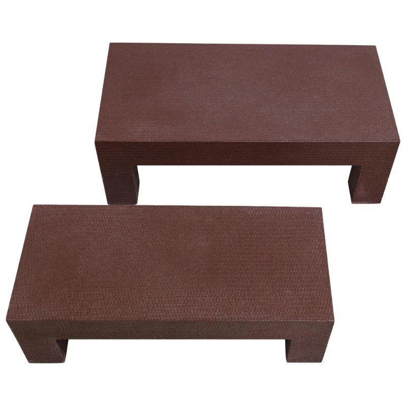 An almost pair of low Karl Springer style, long, rectangular side tables in chocolate lacquered raffia. Larger table measures 36 inches wide, 18 inches deep, 12 inches high, and smaller table measures 32 inches wide, 14 inches deep and 10 inches