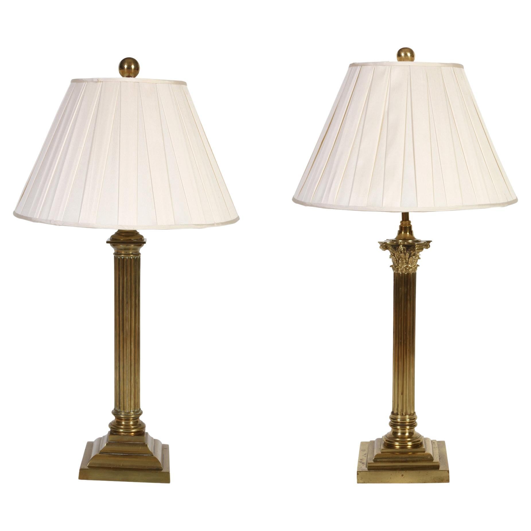 An Almost Pair of Vintage Column Lamps and Shades For Sale