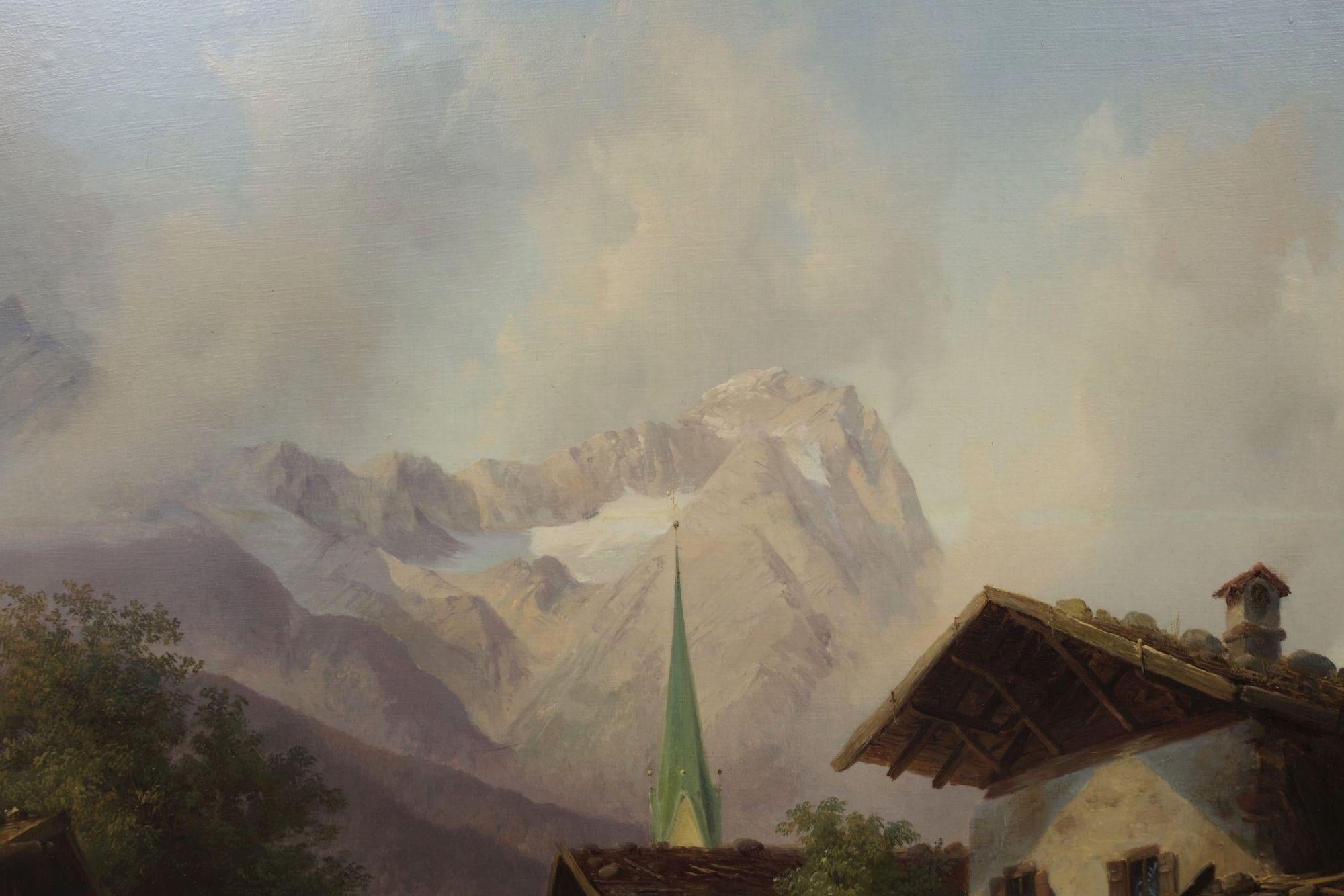 “An Alpine Village” Antique Landscape Painting by Joseph Heinrich Marr, German For Sale 8