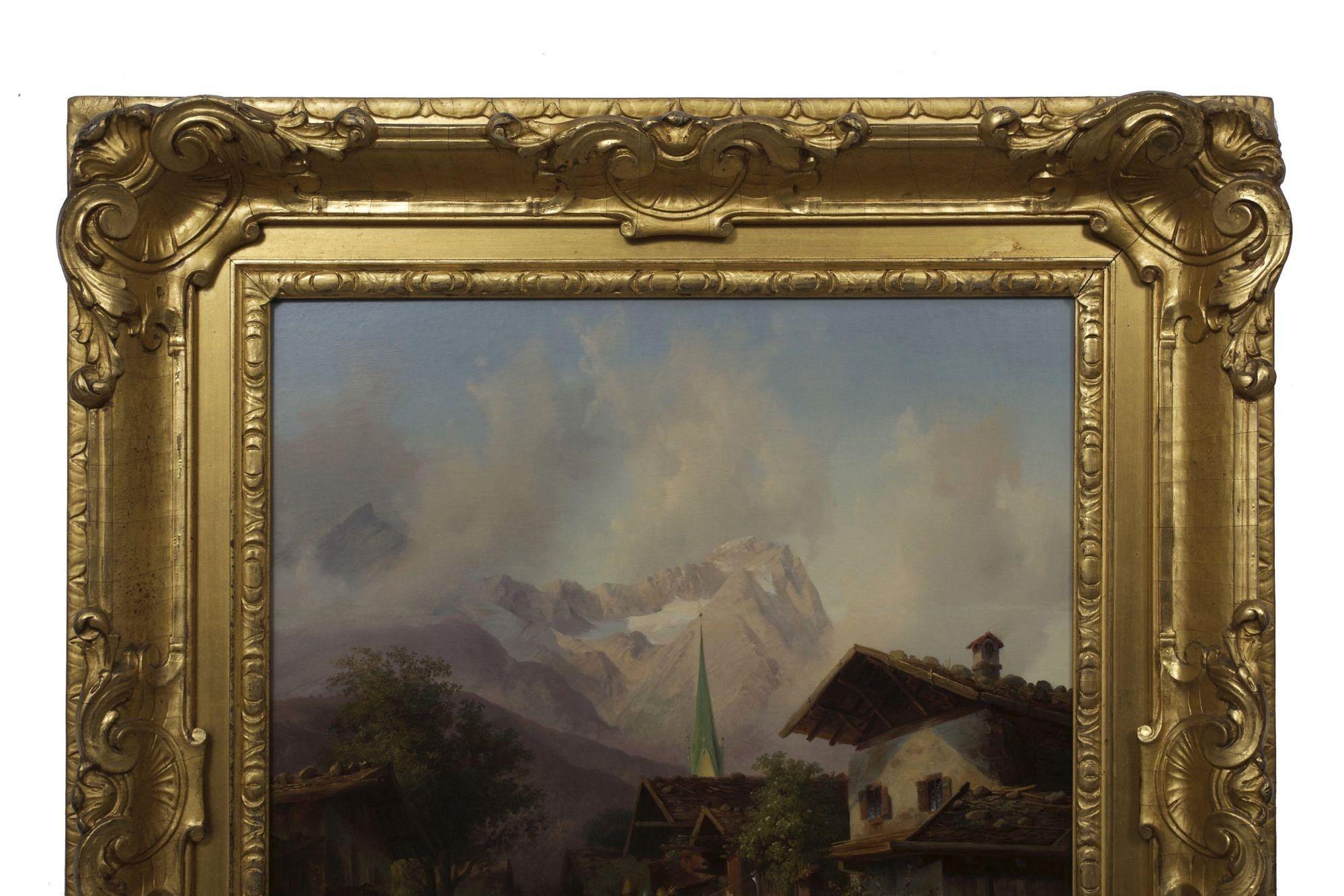 Peinture ancienne - paysage, « Un village alpin » par  Joseph Heinrich Marr (allemand) en vente 8