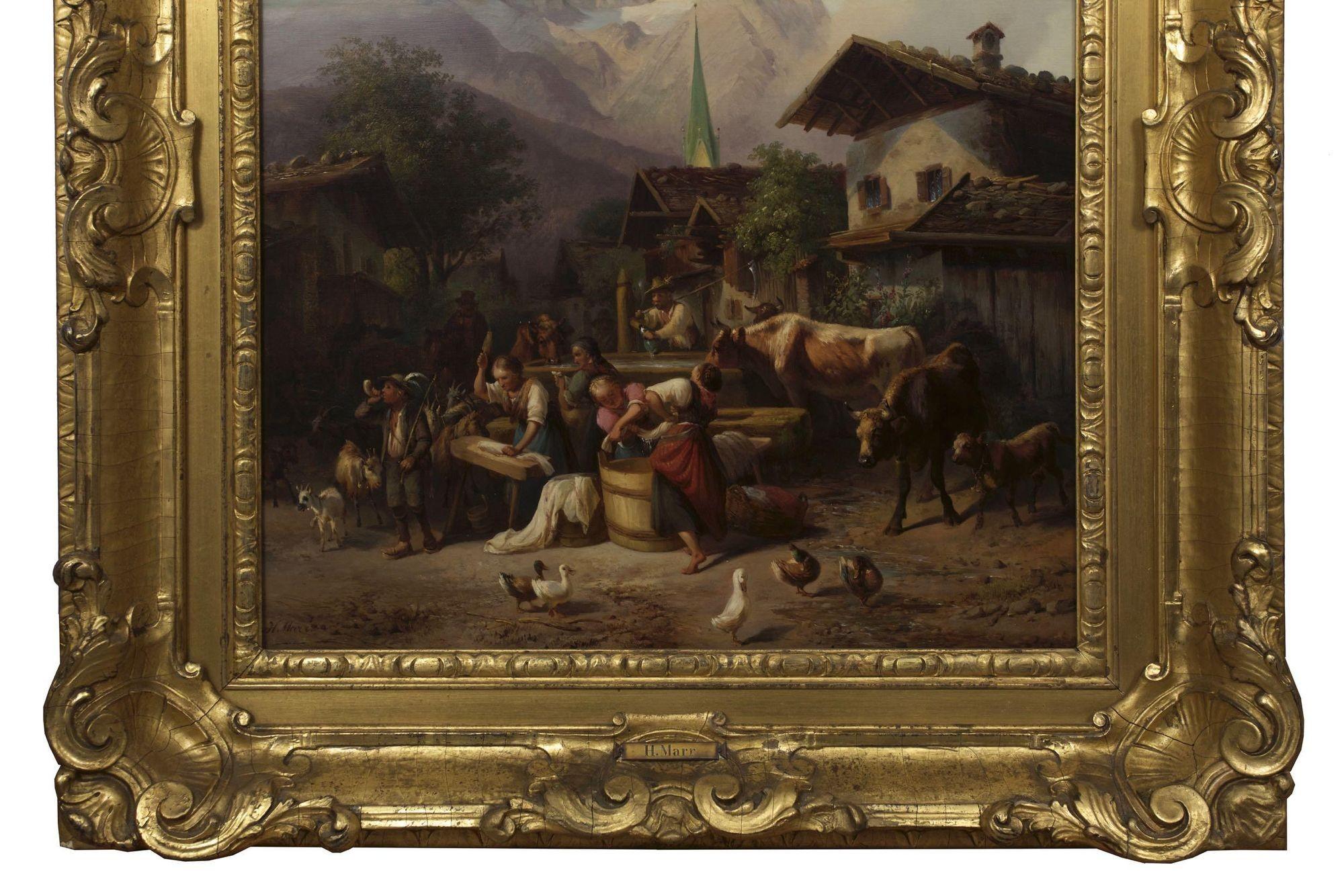 Peinture ancienne - paysage, « Un village alpin » par  Joseph Heinrich Marr (allemand) en vente 9