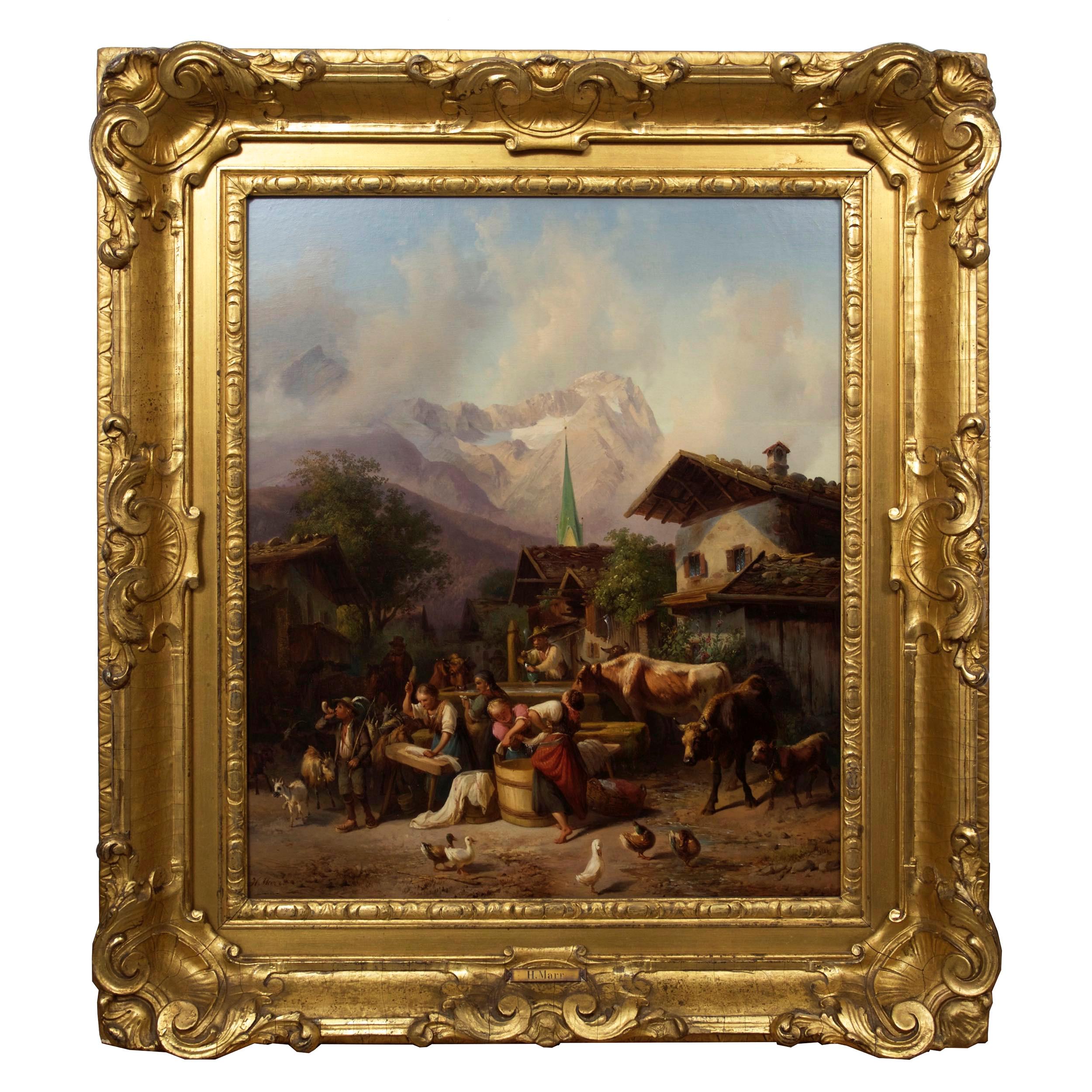 Romantique Peinture ancienne - paysage, « Un village alpin » par  Joseph Heinrich Marr (allemand) en vente