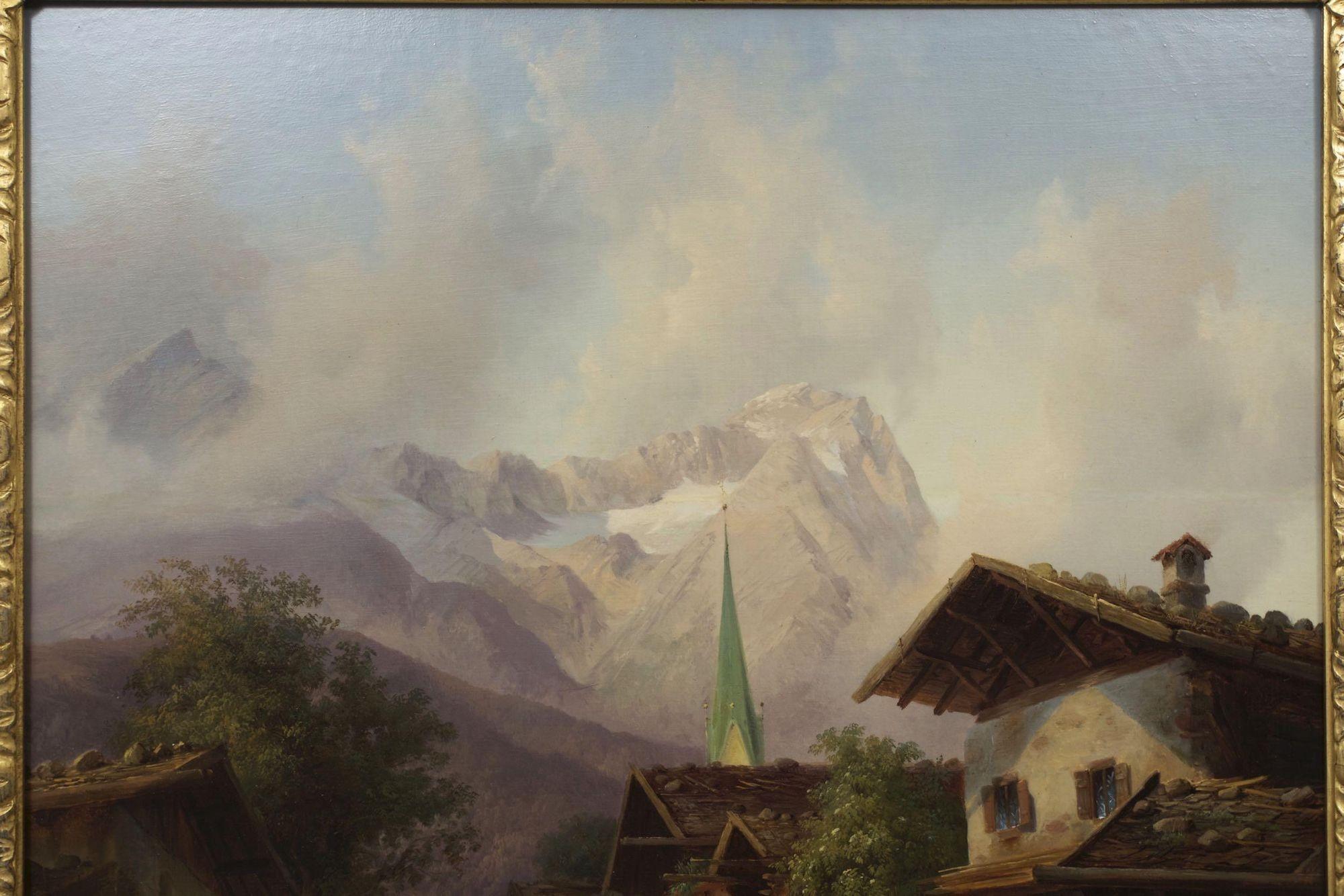 “An Alpine Village” Antique Landscape Painting by Joseph Heinrich Marr, German In Good Condition For Sale In Shippensburg, PA