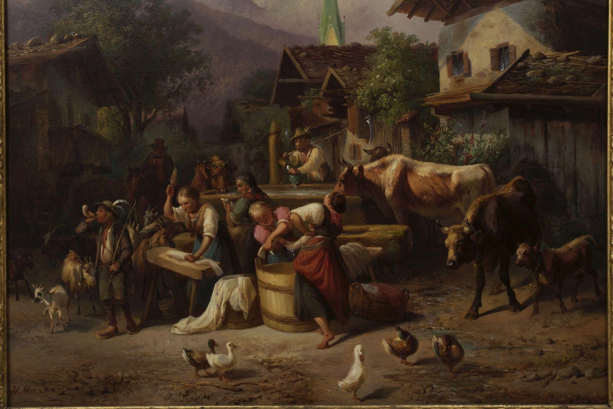 Peinture ancienne - paysage, « Un village alpin » par  Joseph Heinrich Marr (allemand) Bon état - En vente à Shippensburg, PA